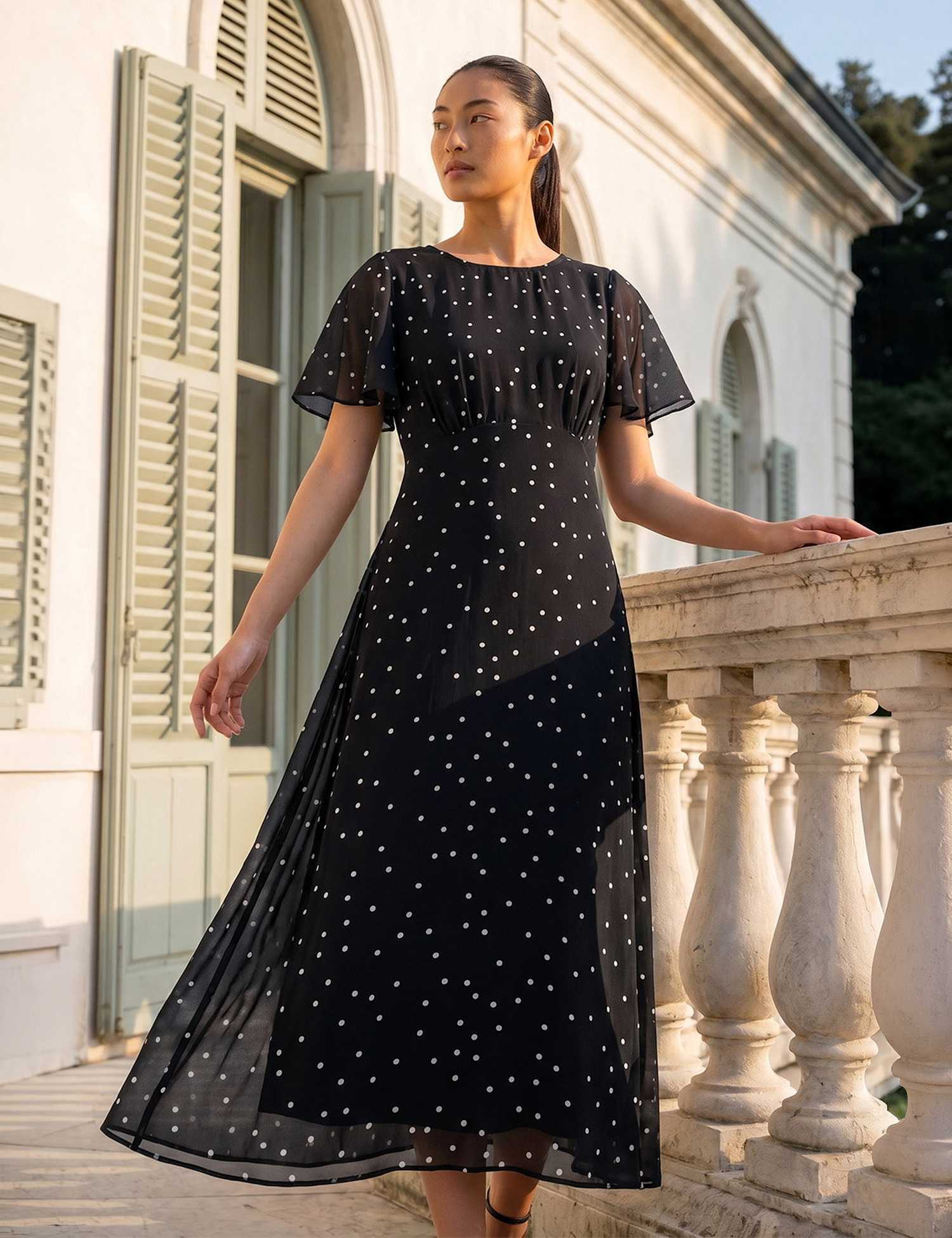 Roman Petite Spot Print Chiffon Midi Dress Black Mix
