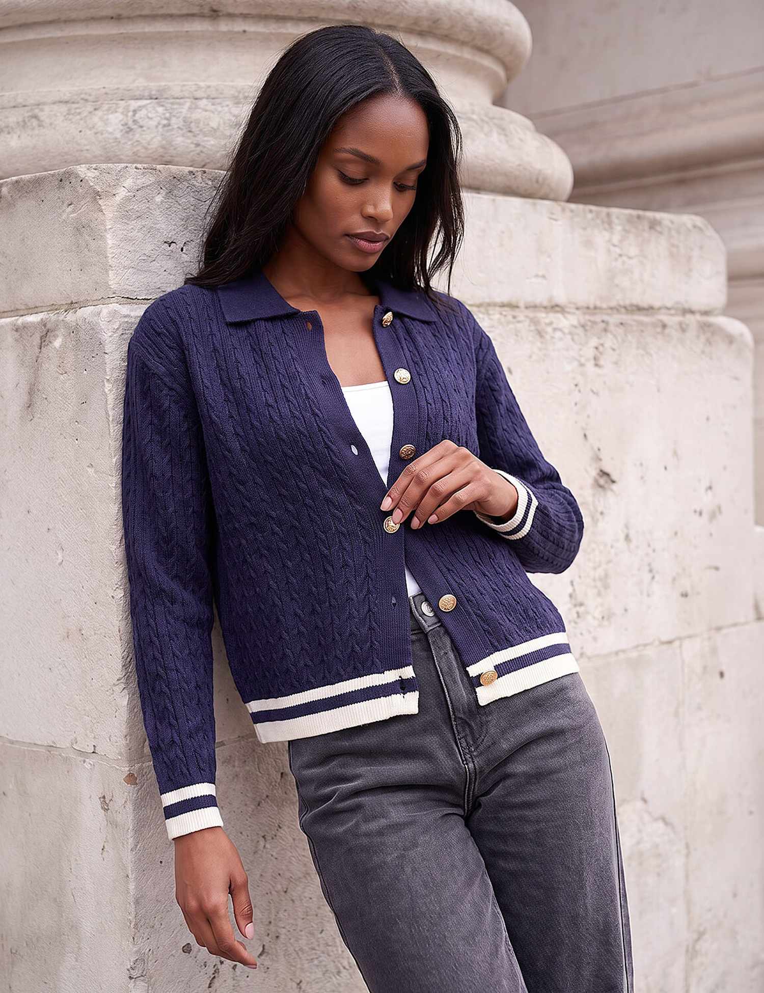 Roman Cable Knit Collared Cardigan Navy Mix