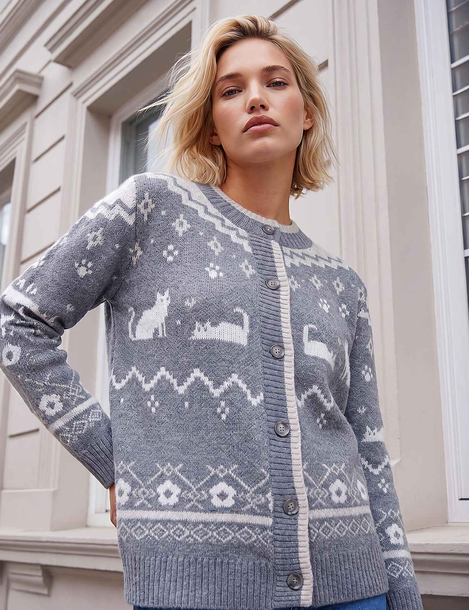 Roman Cat Jacquard Cardigan Grey Mix