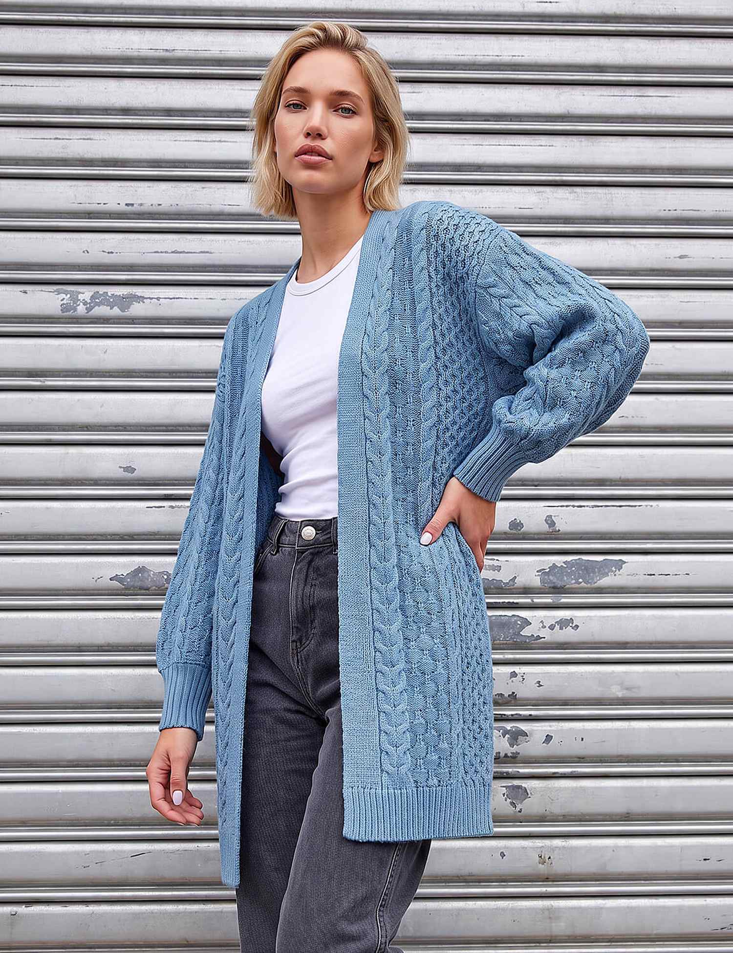 Roman Chunky Cable Knit Cardigan Blue Mix