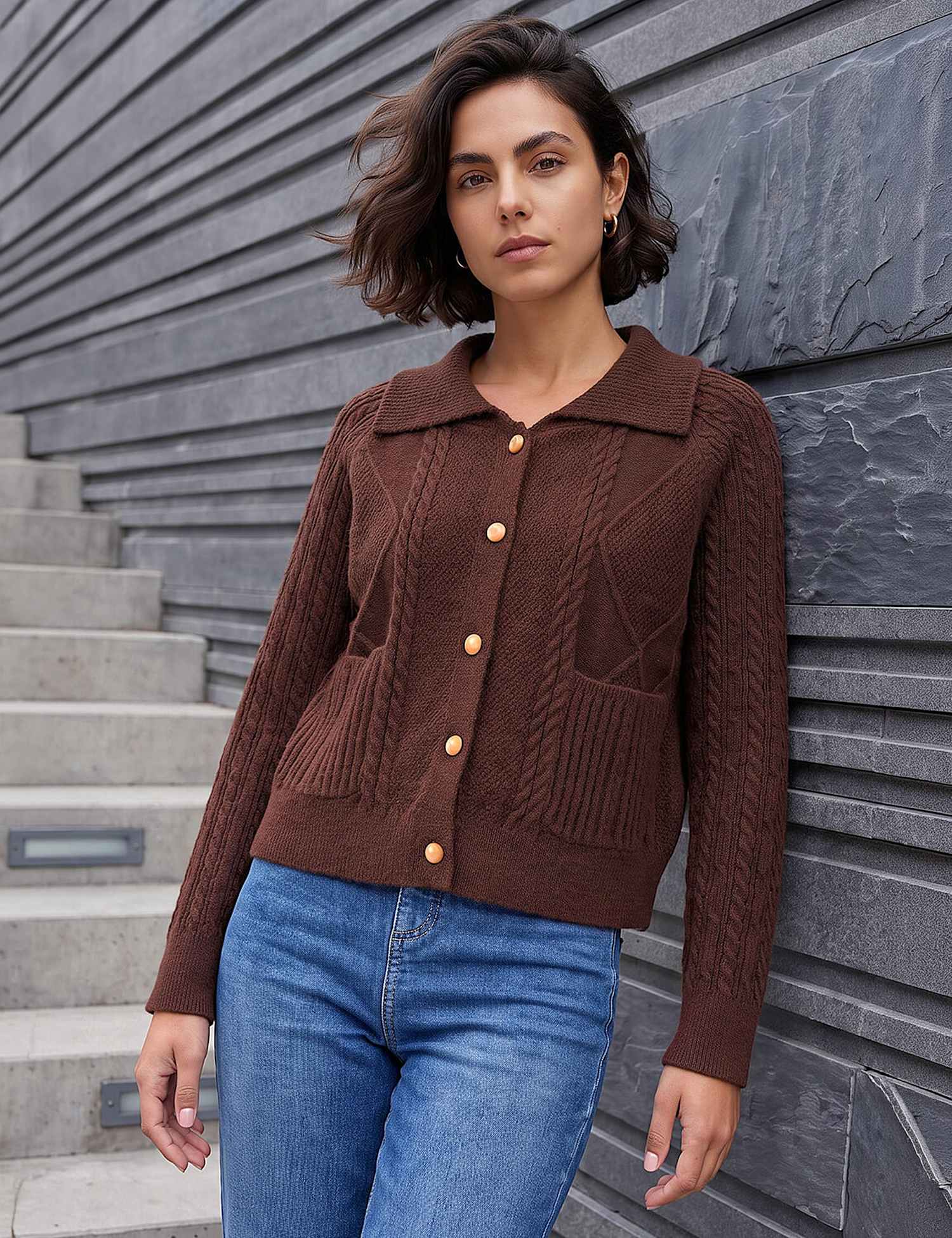 Roman Chunky Cable Knit Cardigan Chocolate