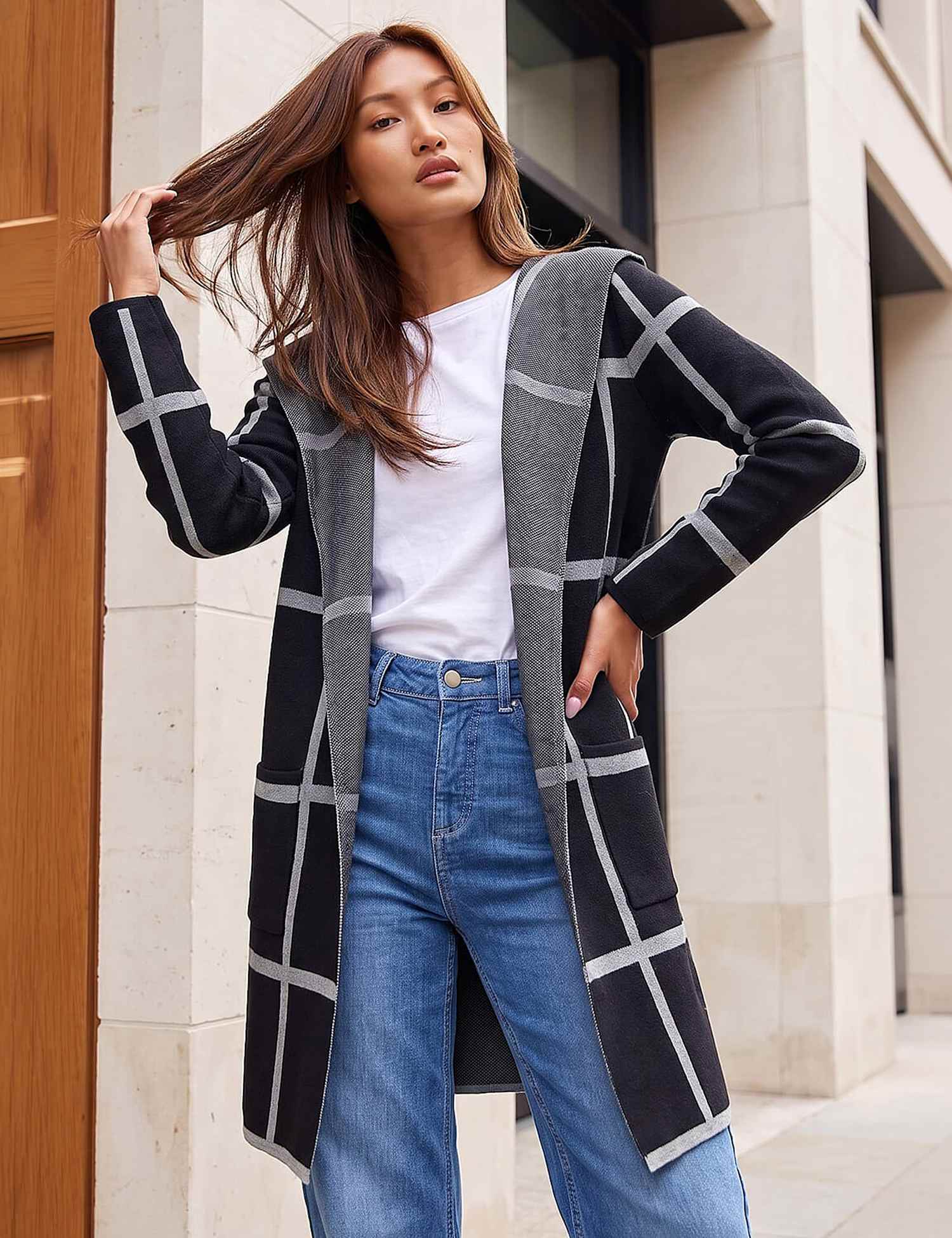 Roman Contrast Longline Cardigan Black Mix