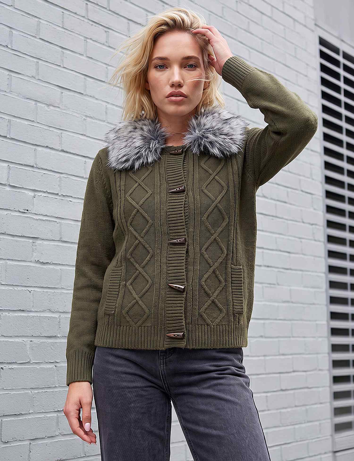 Roman Faux Fur Cardigan Olive
