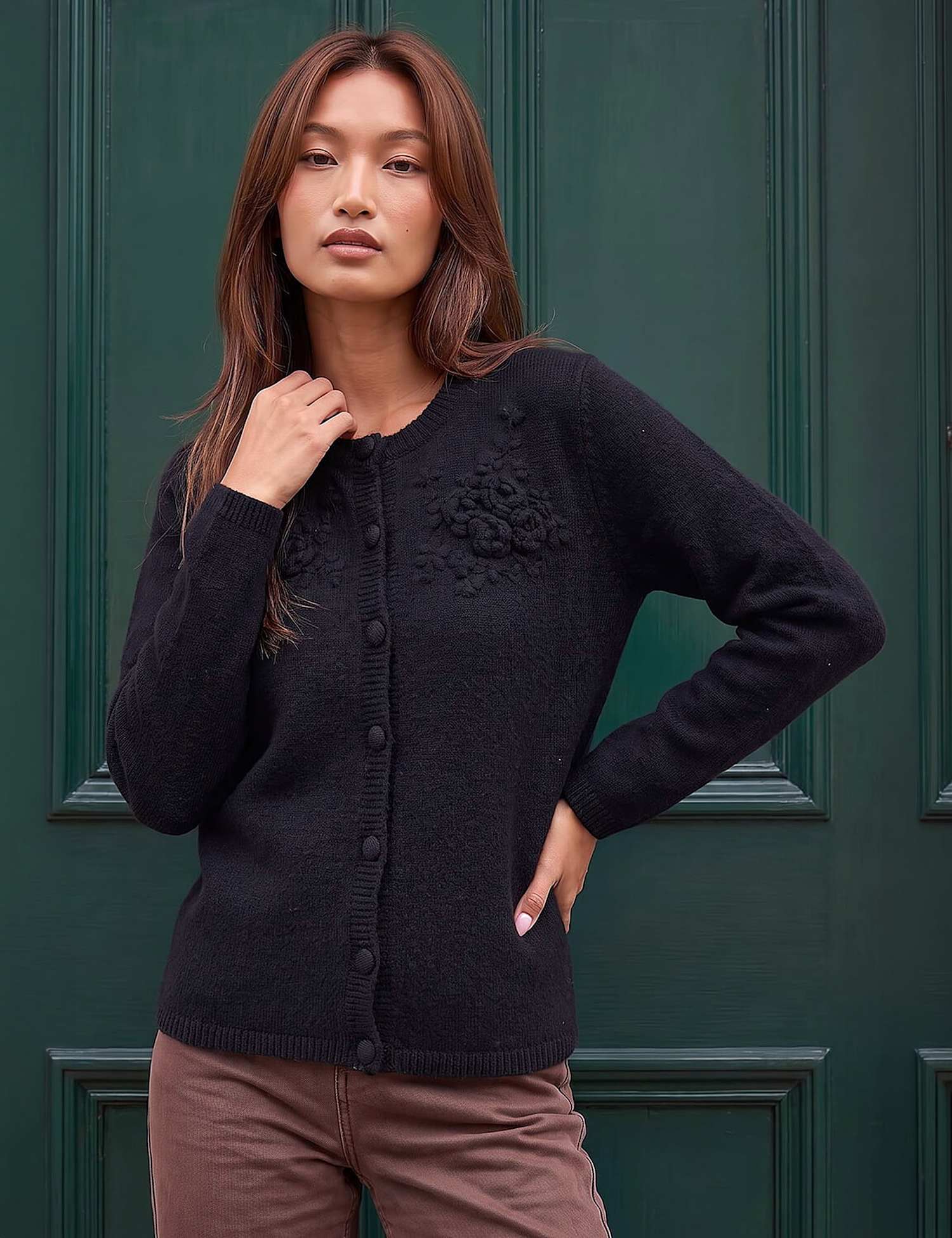 Roman Floral Corsage Cardigan Black Mix