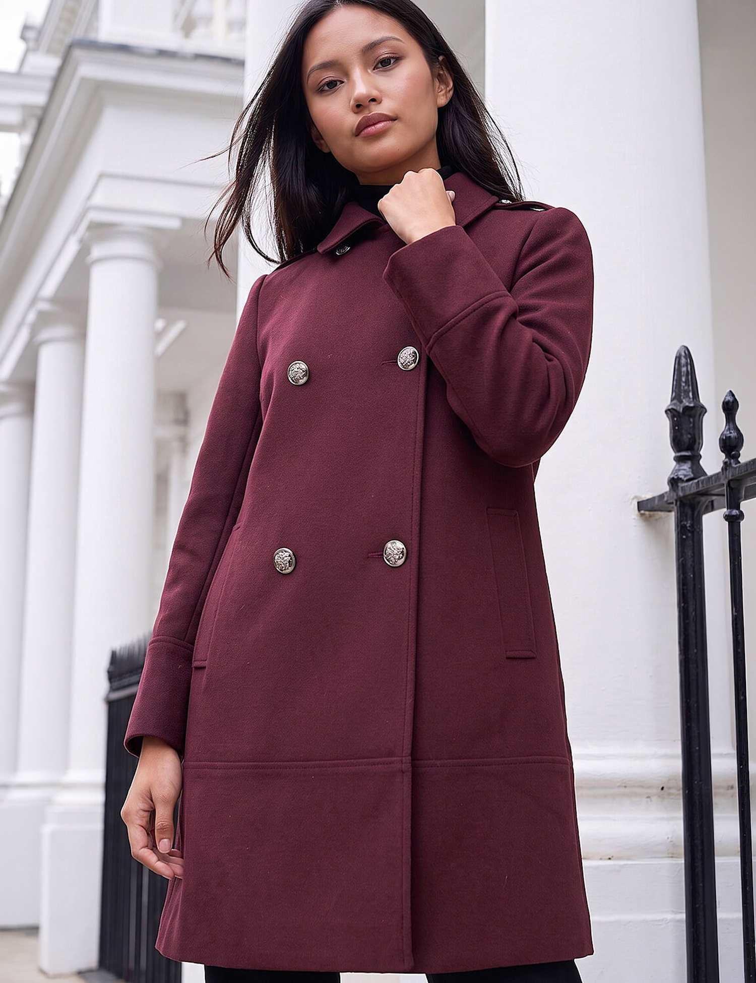 Roman Petite Collared Double Breasted Coat Burgundy Mix
