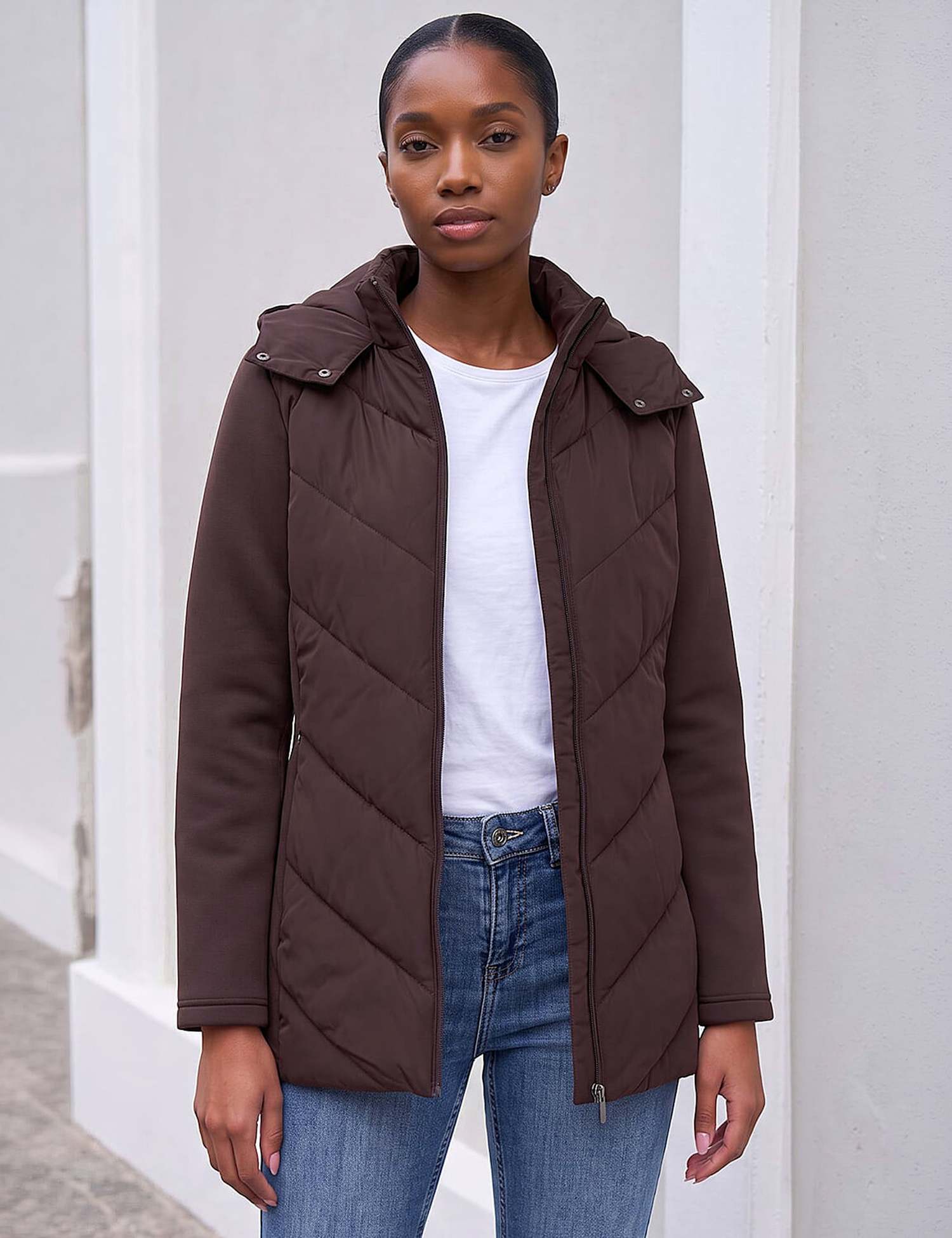 Roman Petite Chevron Quilted Hooded Coat Chocolate