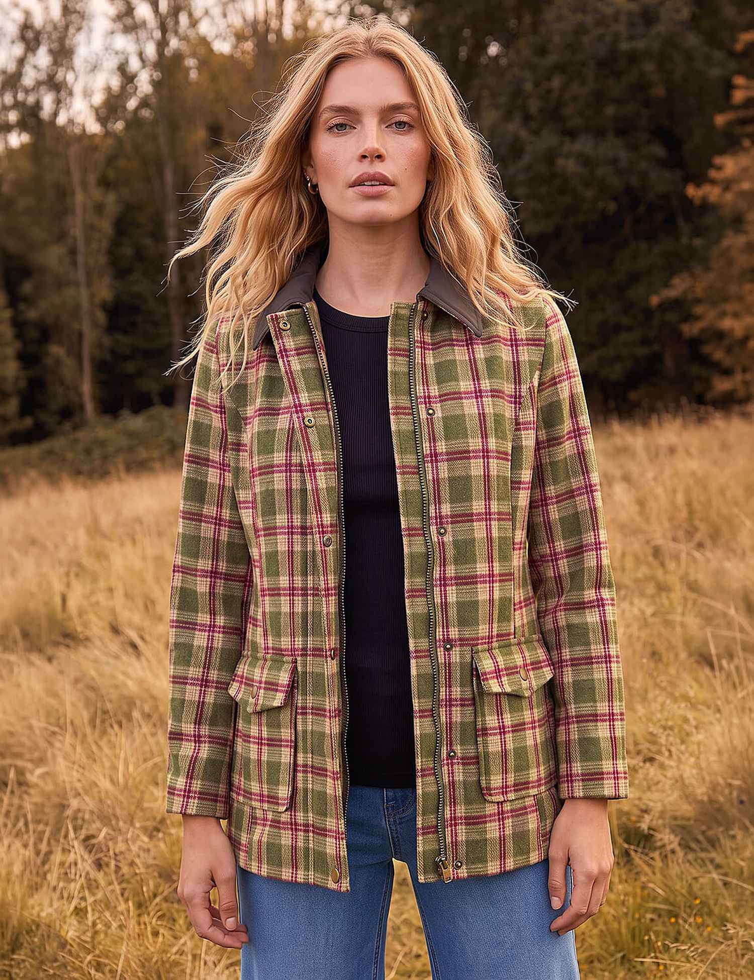 Roman Petite Checked Collared Car Coat Green Mix