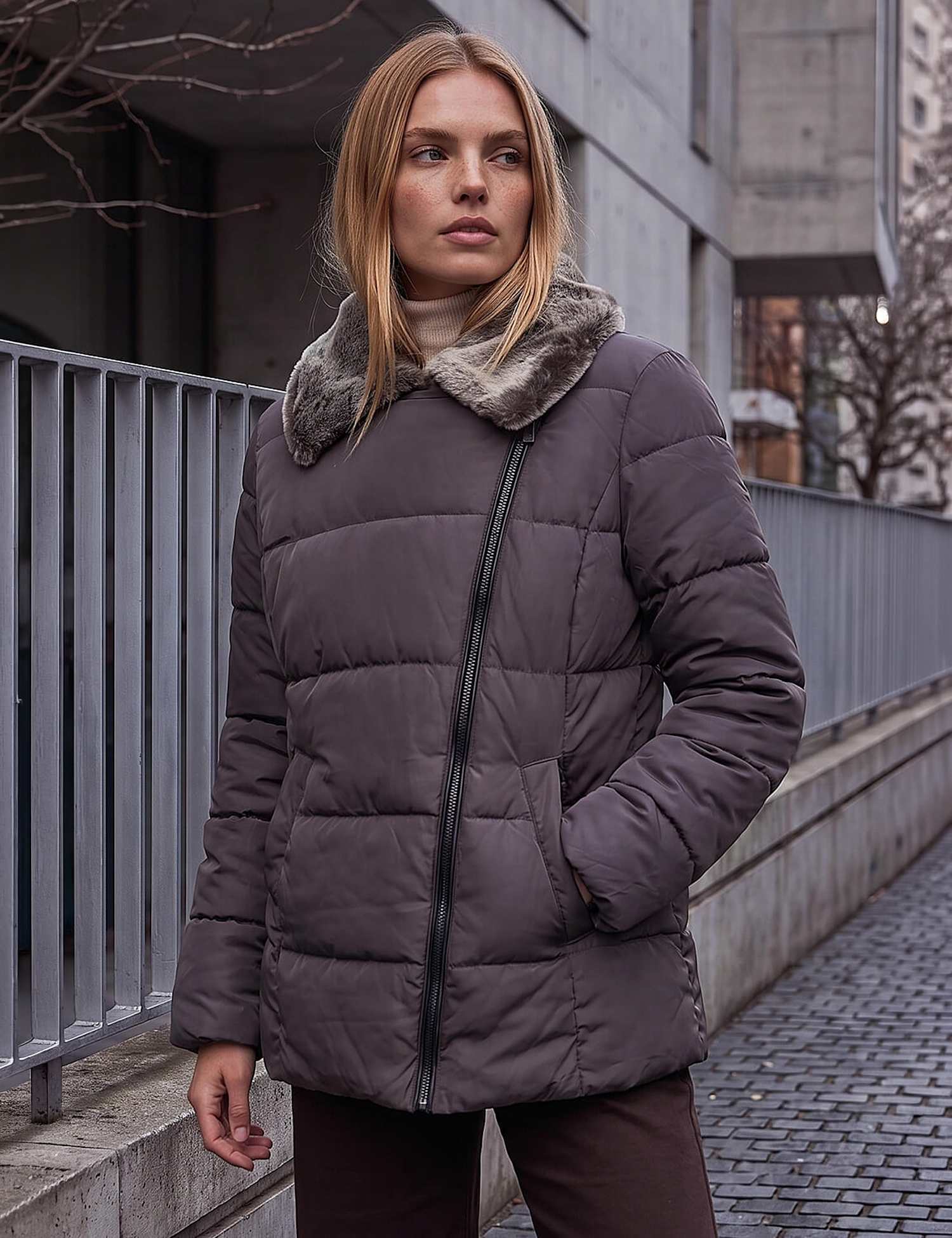 Roman Padded Biker Coat Taupe