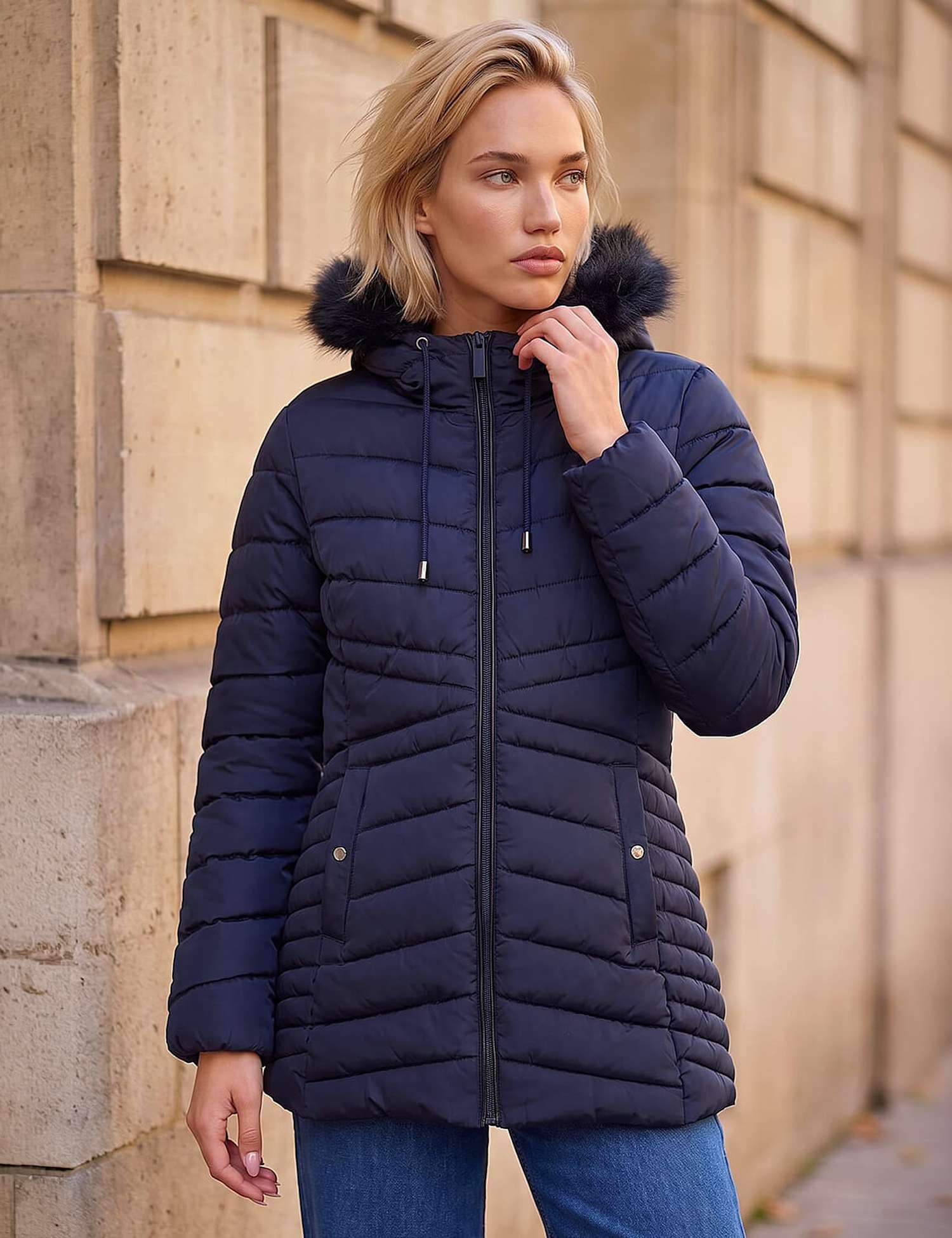 Roman Padded Faux Fur Trim Hooded Coat Dark Navy Mix