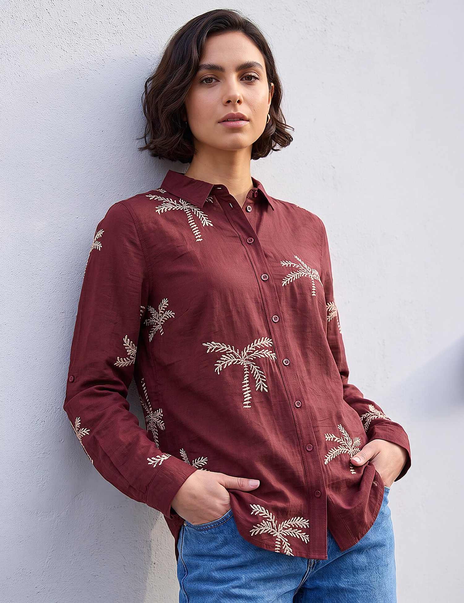 Roman Embroidered Palm Print Blouse Burgundy Mix