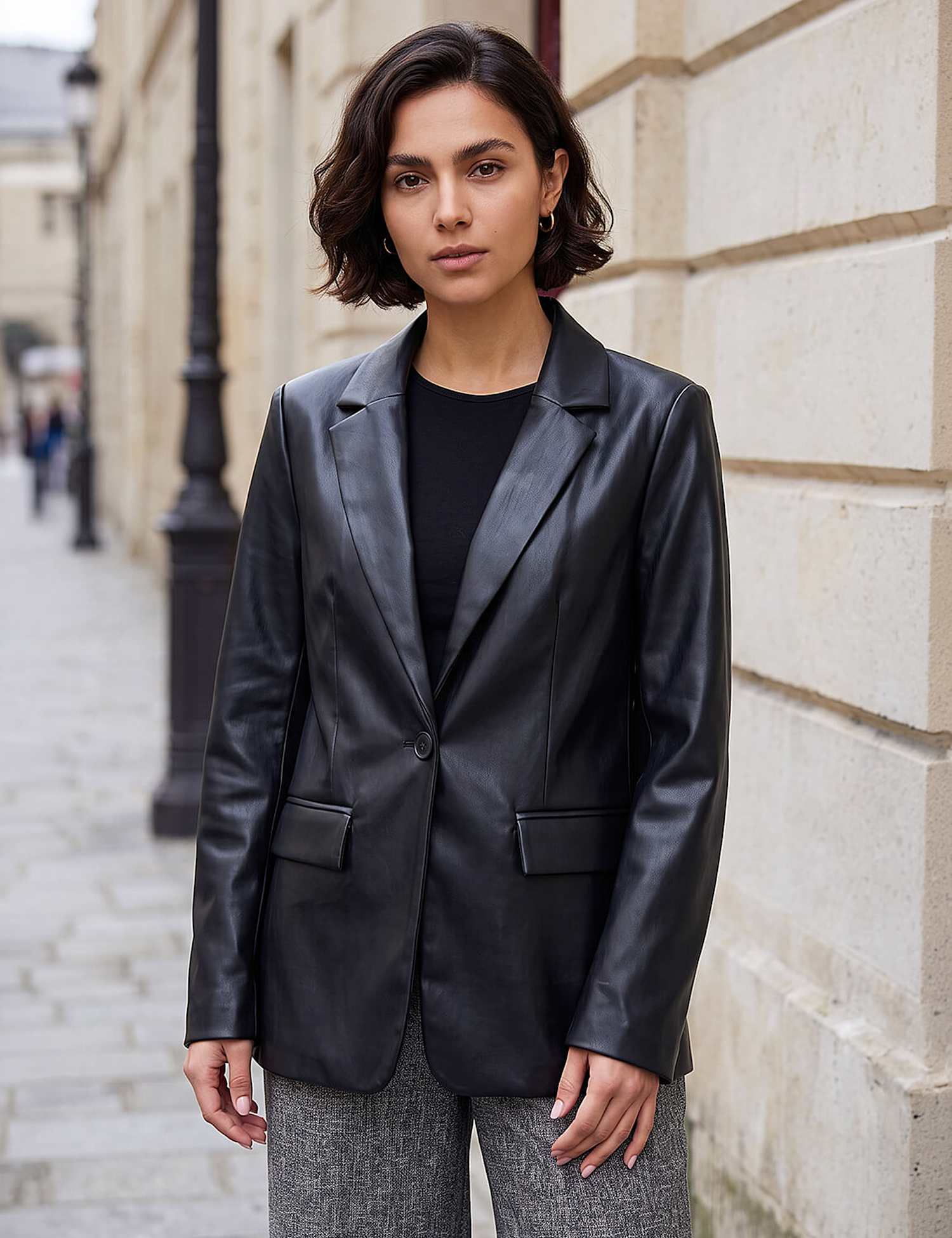 Roman Faux Leather Oversized Cropped Blazer Black Mix