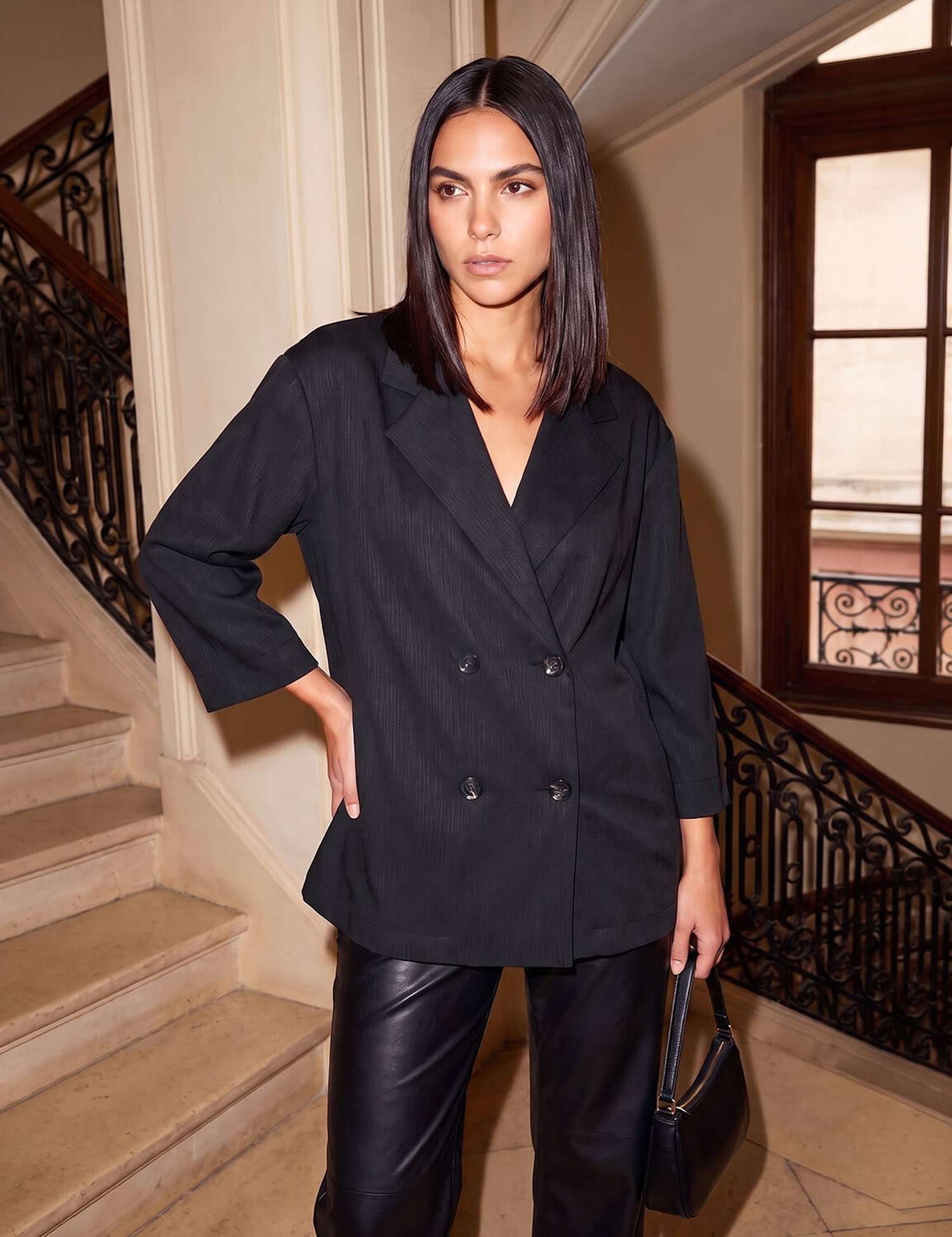 Roman Oversized Textured Cropped Blazer Black Mix