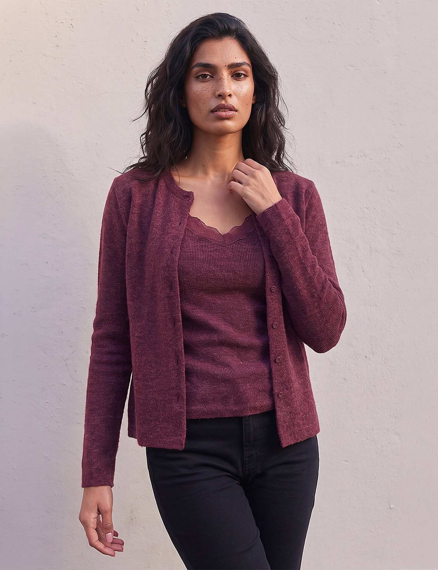 Roman Lace Detail 2 In 1 Cardigan Burgundy Mix