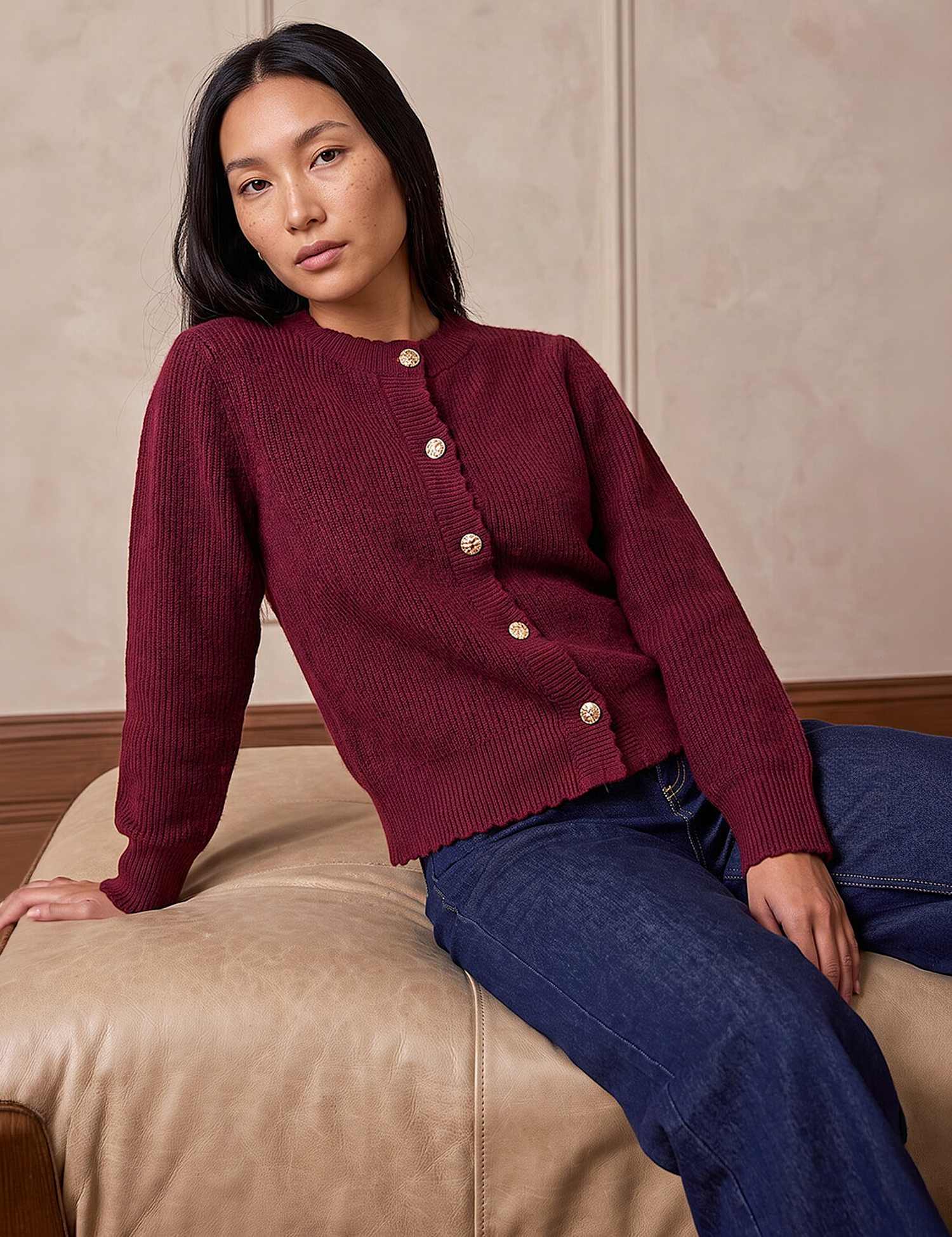 Roman Button Front Cardigan Burgundy Mix