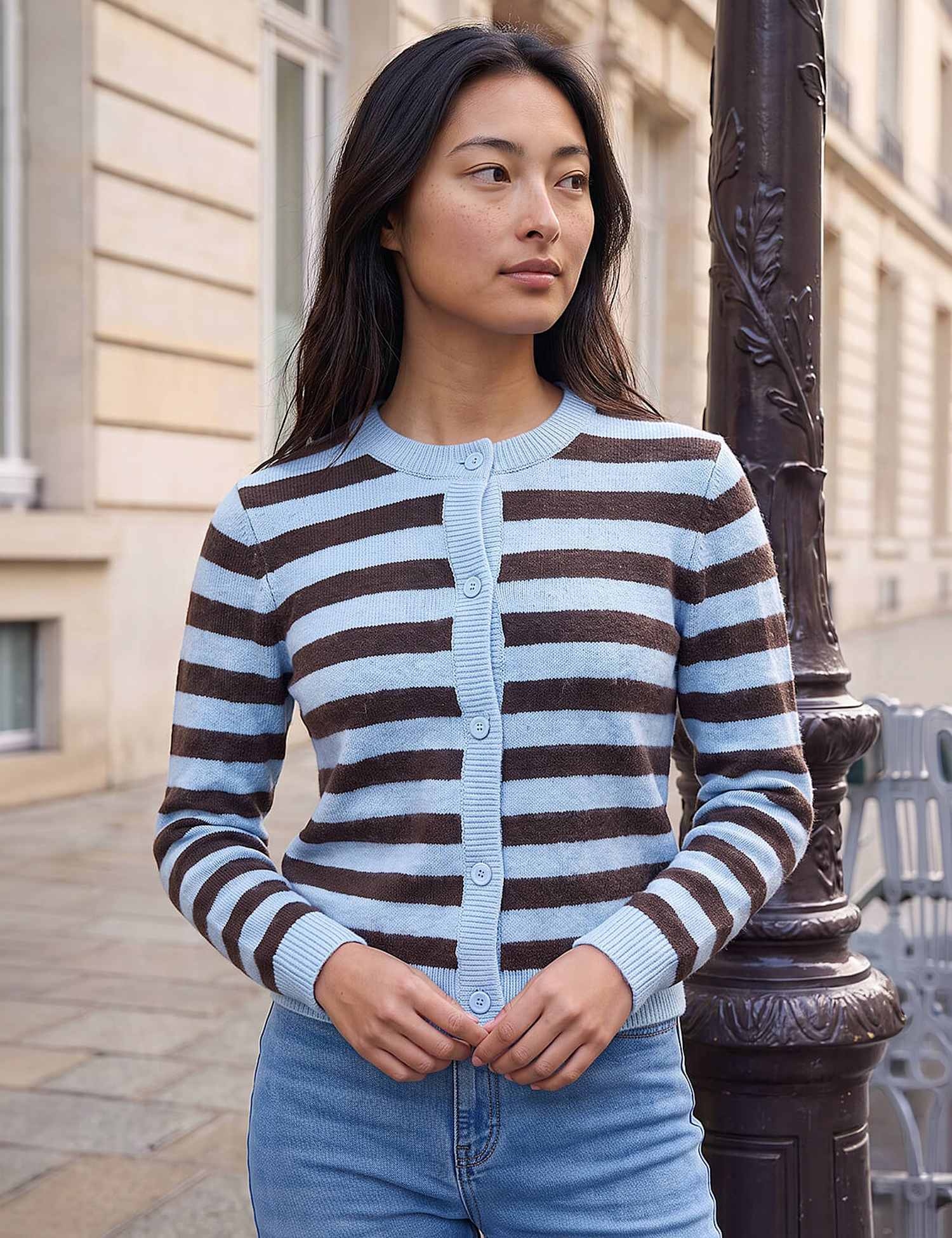 Roman Petite Striped Button Front Cardigan Chocolate