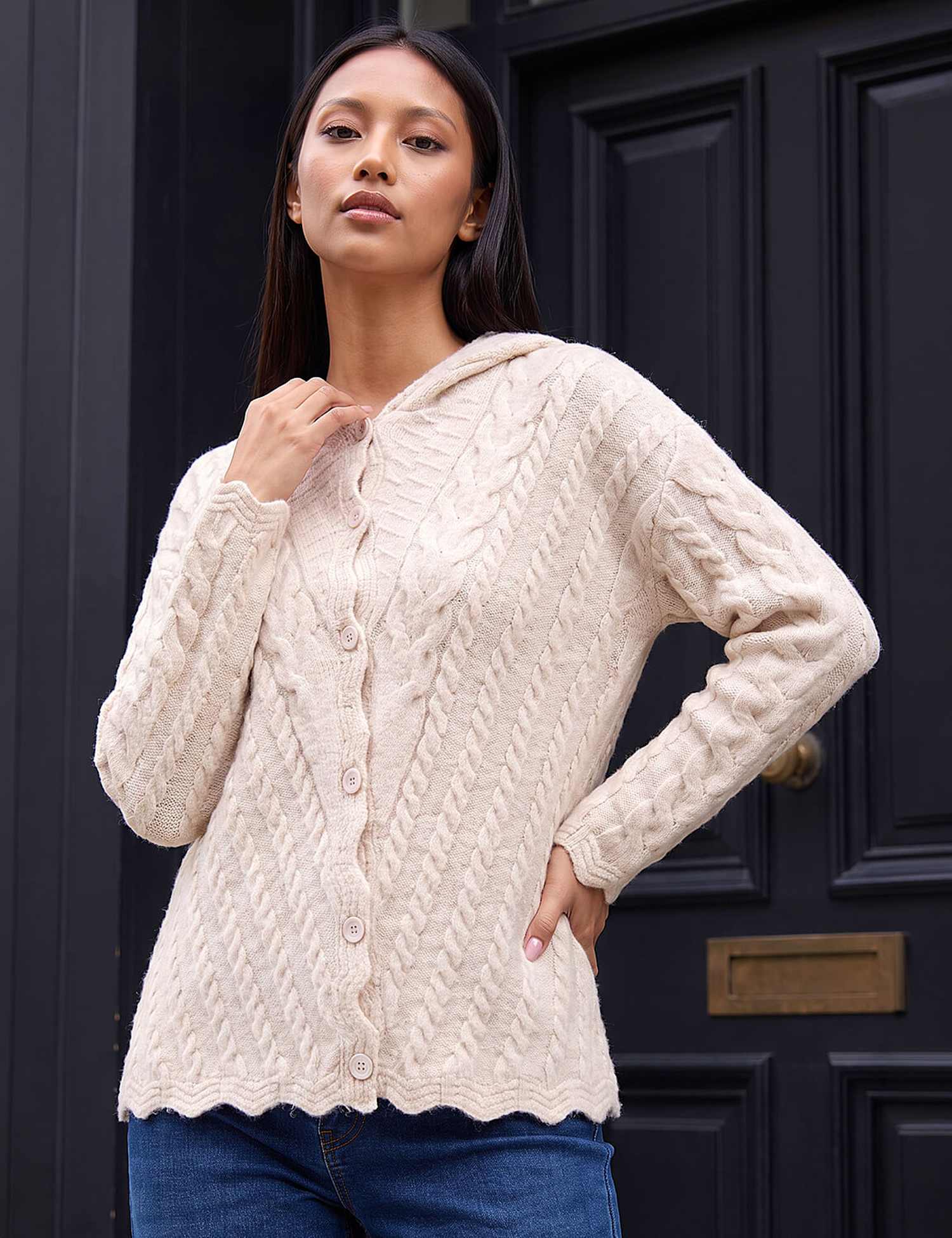 Roman Petite Cable Knit Button Front Hooded Cardigan Cream Mix