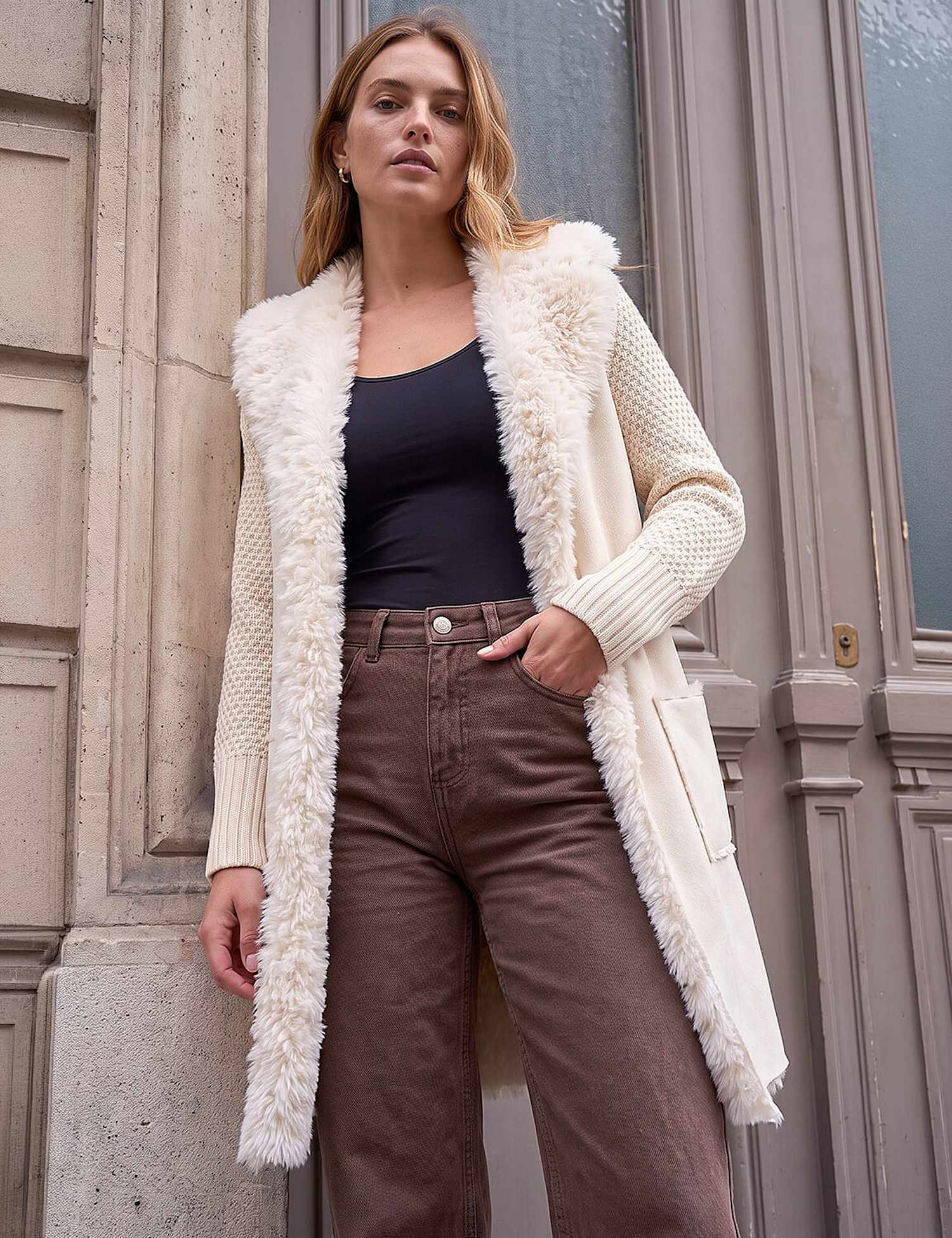 Roman Longline Faux Shearling Knit Coatigan Ecru Mix