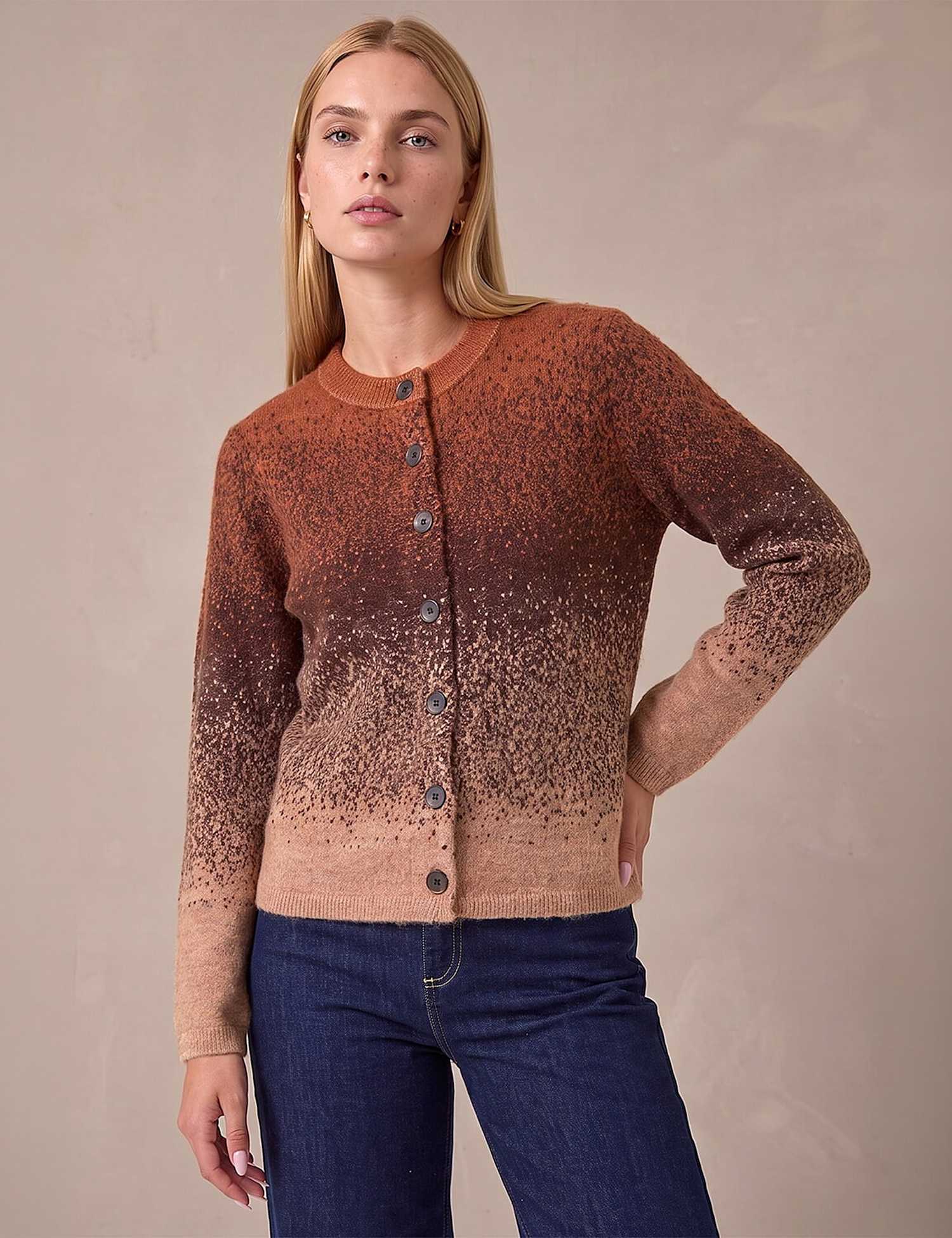 Roman Space Dyed Crew Neck Cardigan Brown Mix