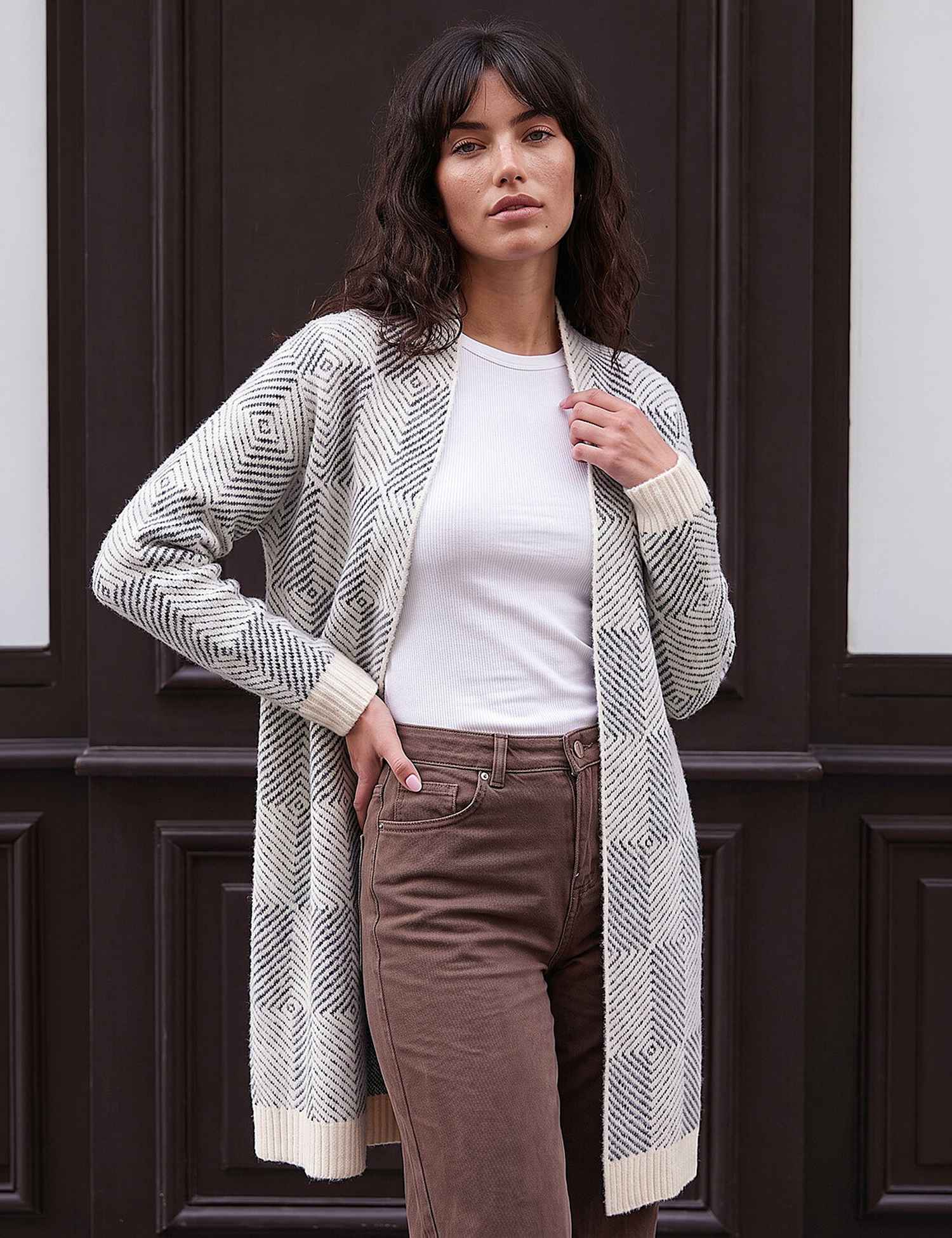 Roman Checked Longline Cardigan Ivory Mix