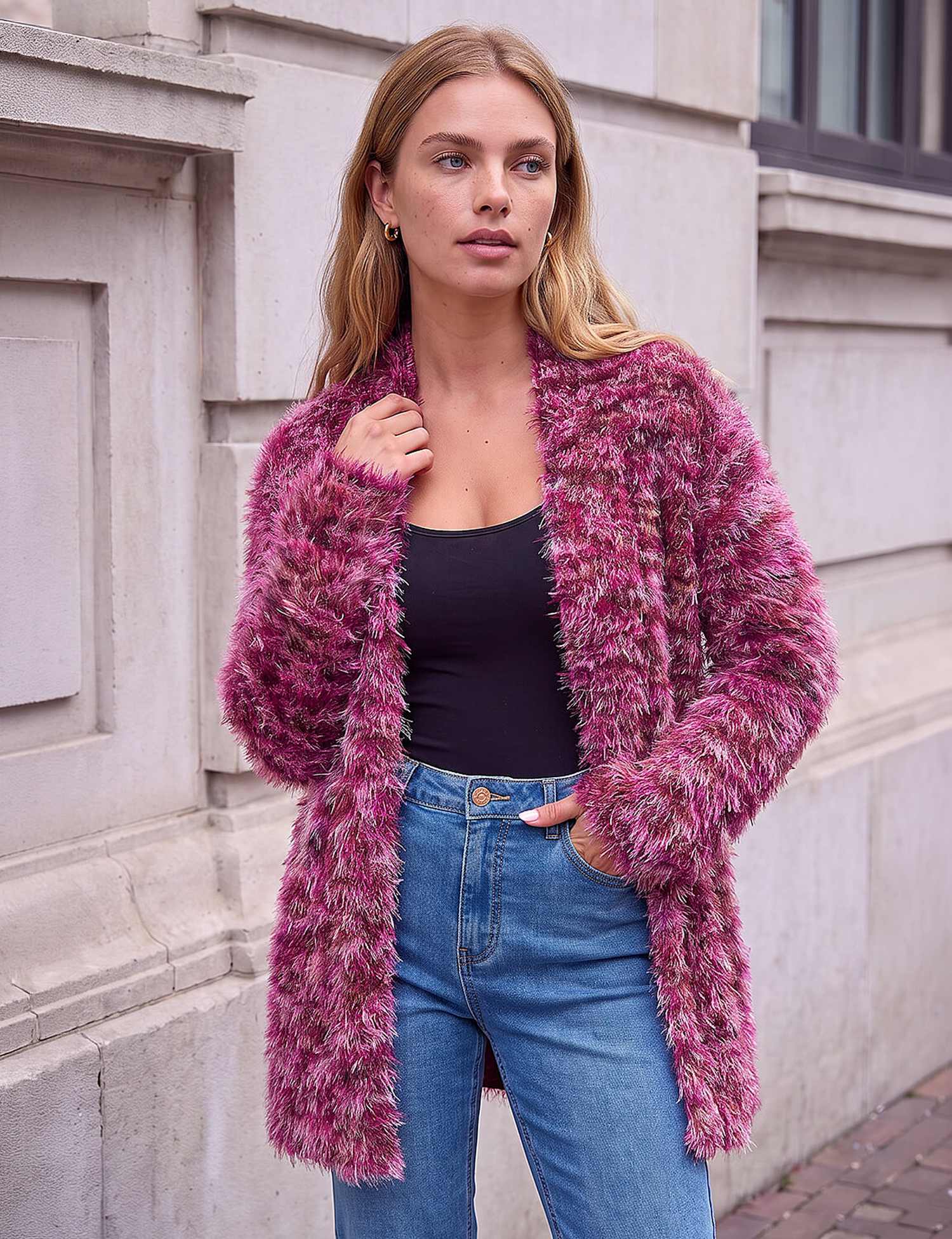 Roman Fluffy Knit Cardigan Burgundy Mix