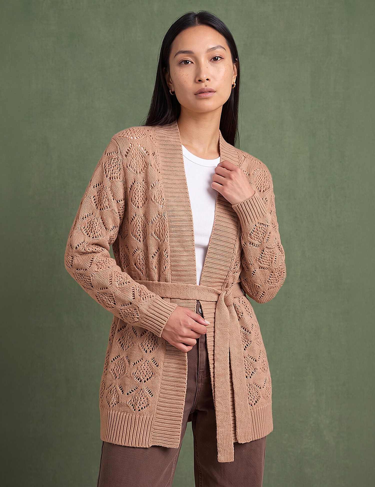 Roman Pointelle Belted Cardigan Camel Mix
