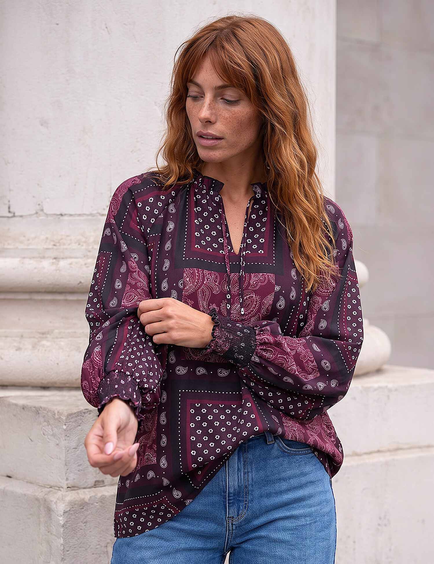 Roman Patchwork V Neck Top Burgundy Mix