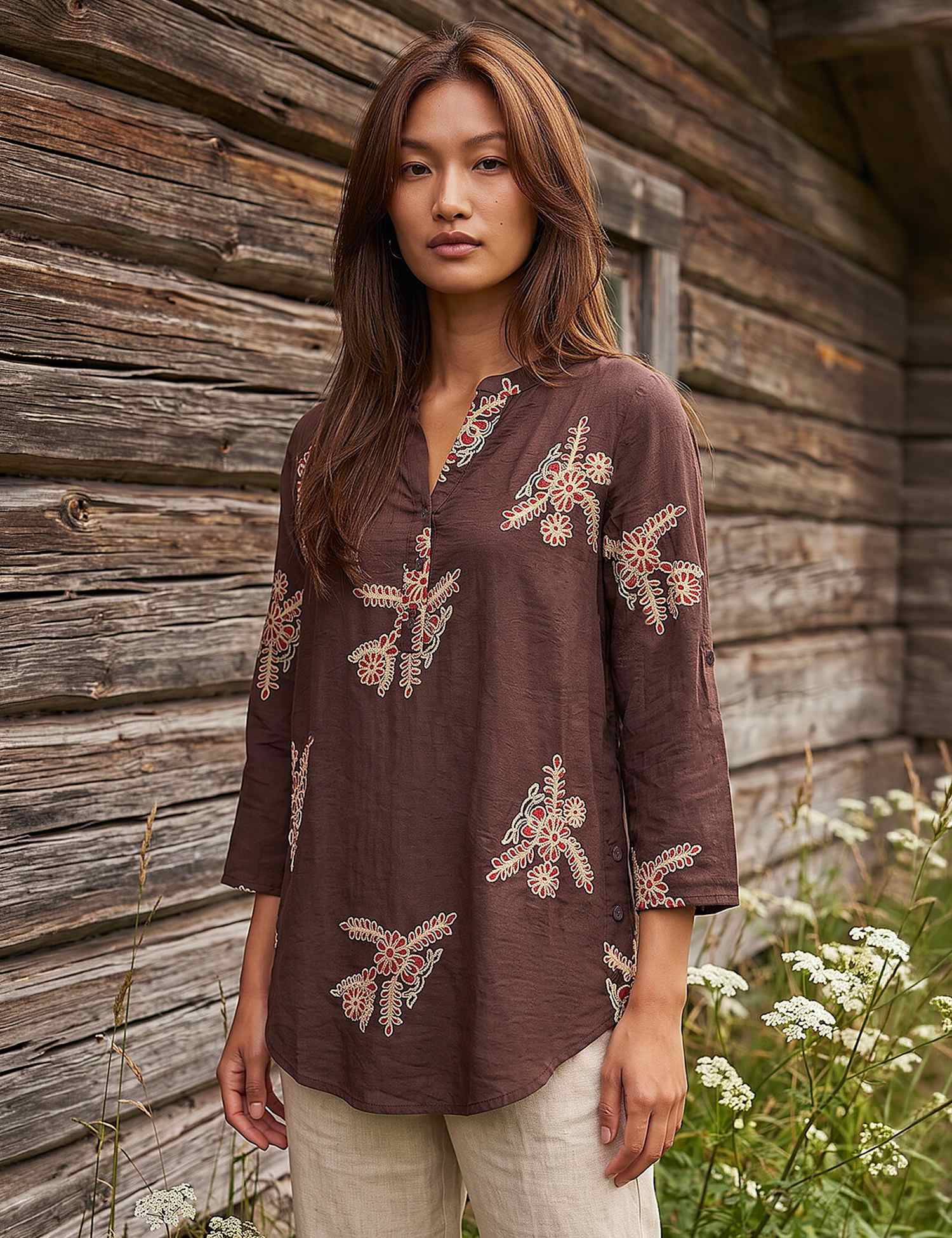 Roman Embroidered Floral V Neck Top Chocolate