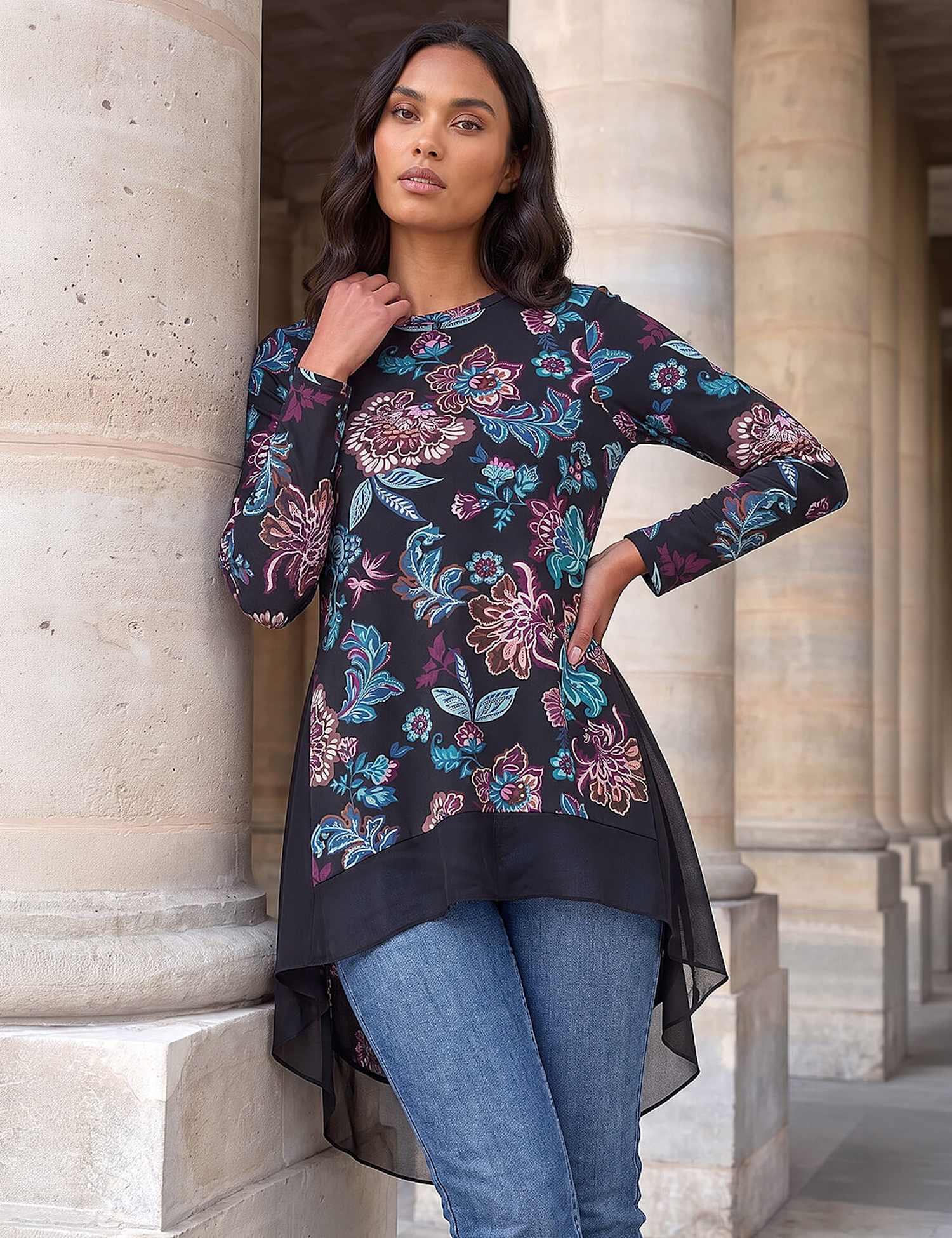 Roman Floral Puff Print Collared Godet Hem Top Black Mix