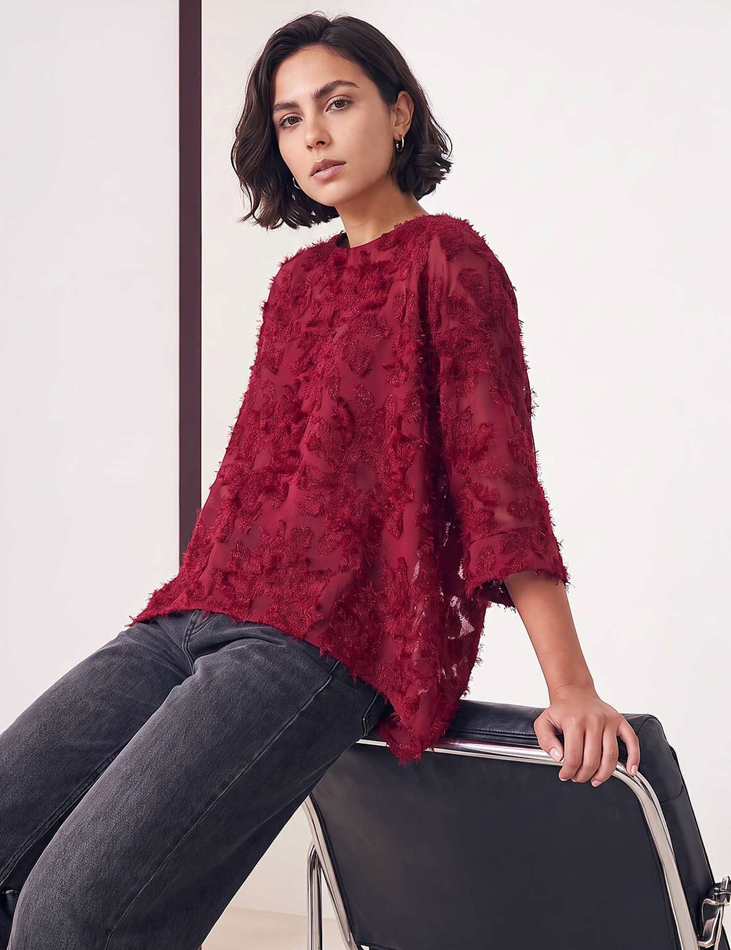 Roman Textured Floral Round Neck Overlay Top Burgundy Mix