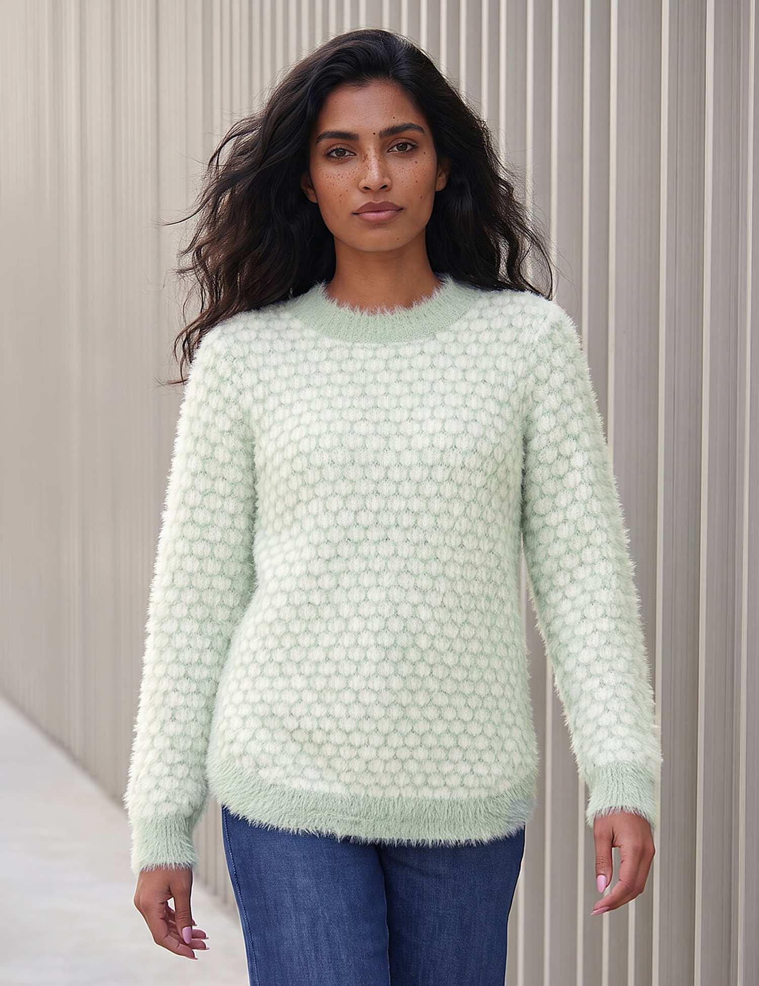 Roman Fluffy Spot Print Curved Hem Jumper Mint
