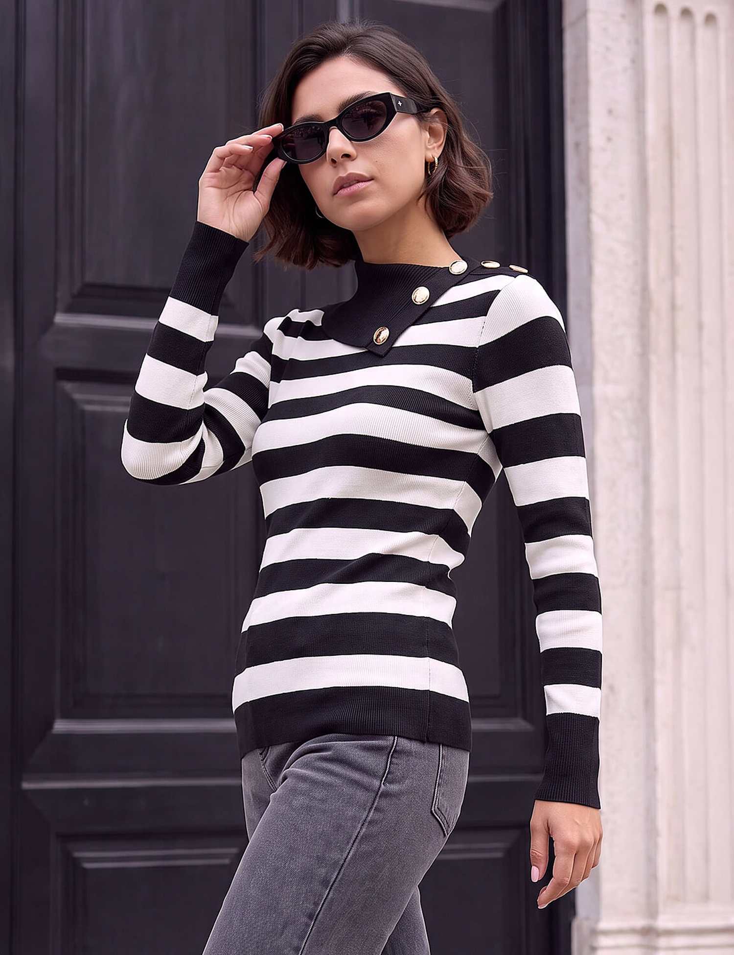 Roman Rayon Rich Striped Button Detail Jumper Black Mix
