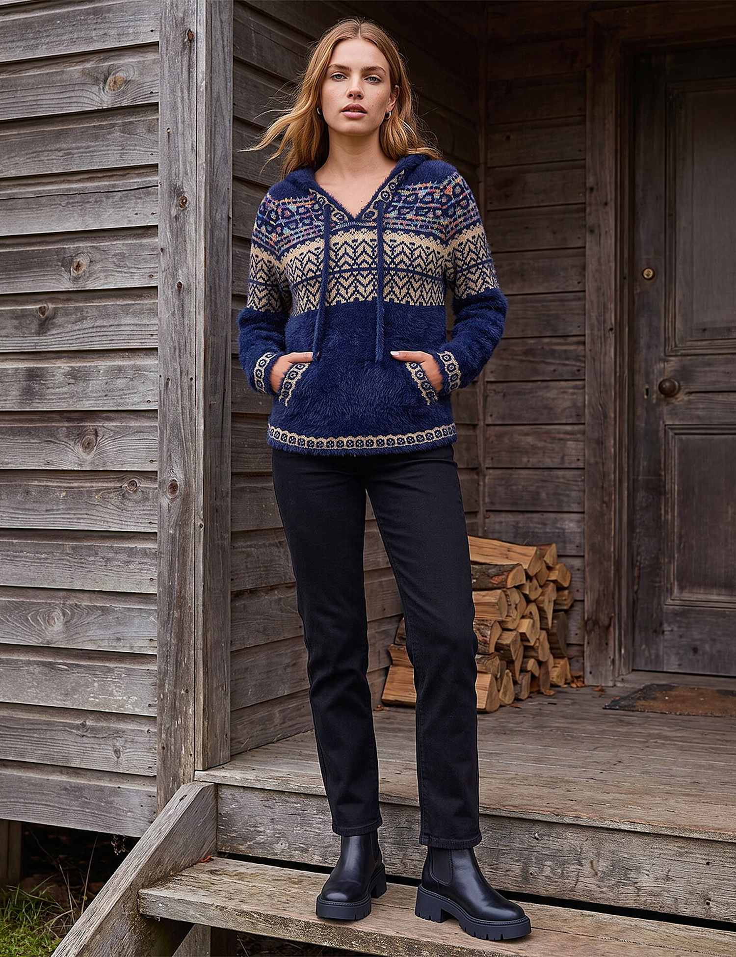 Roman Fluffy Nordic Pattern Hooded Neck Jumper Navy Mix
