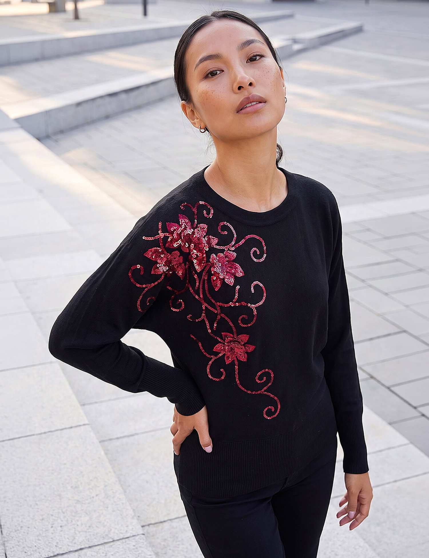 Roman Rayon Rich Sequin Floral Batwing Sleeve Jumper Black Mix