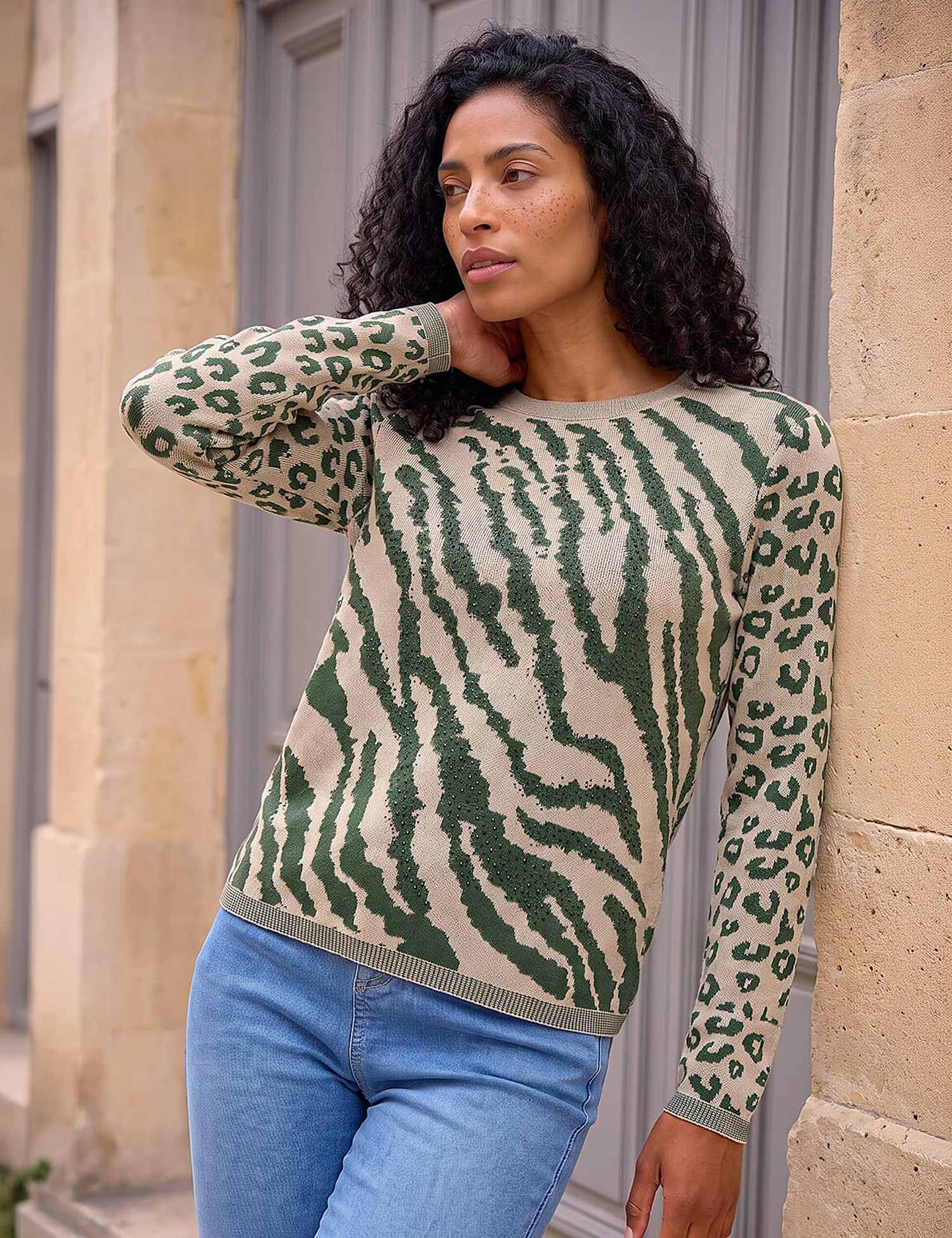 Roman Rayon Rich Embellished Animal Print Crew Neck Jumper Khaki Mix
