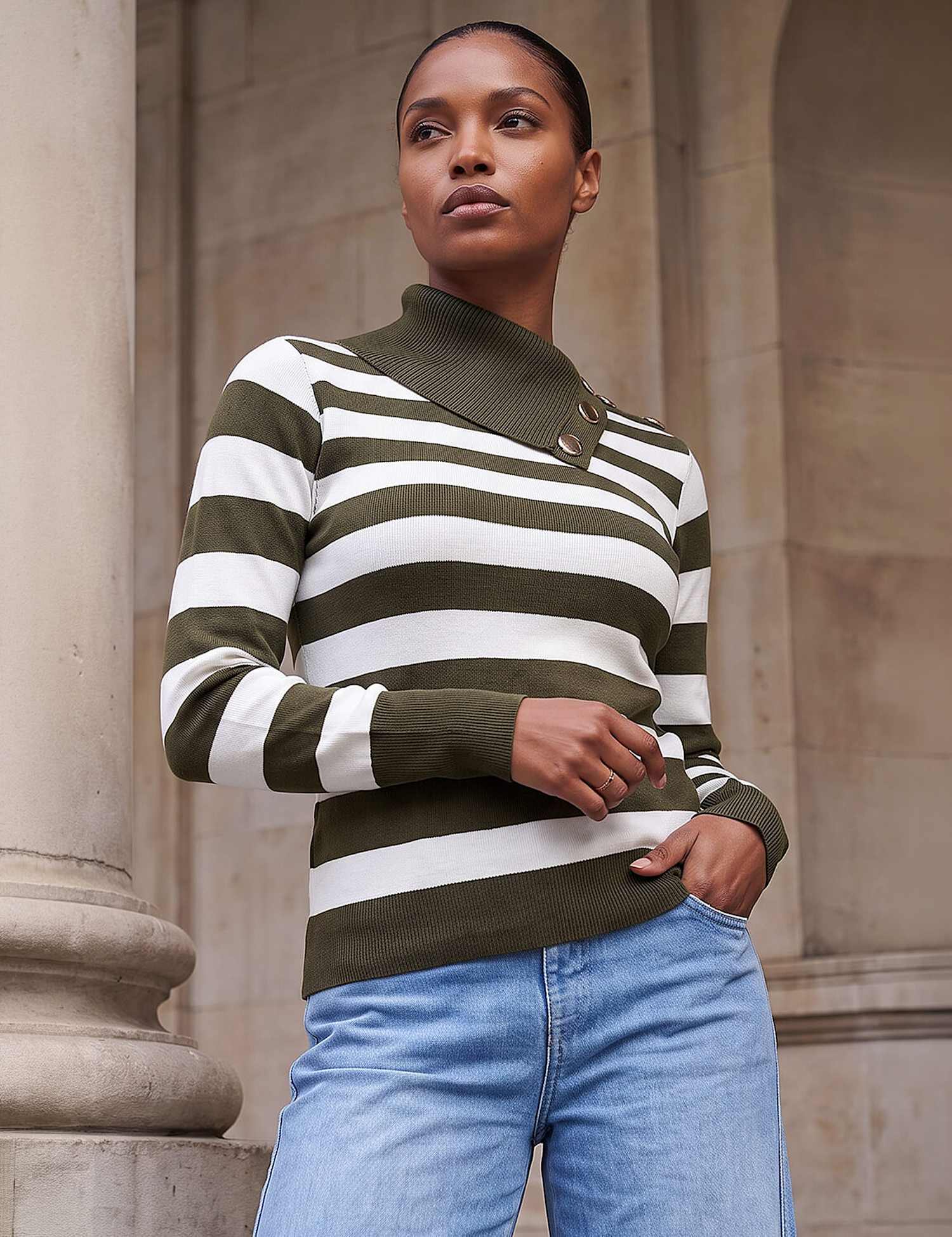 Roman Rayon Rich Striped Button Detail Jumper Khaki Mix