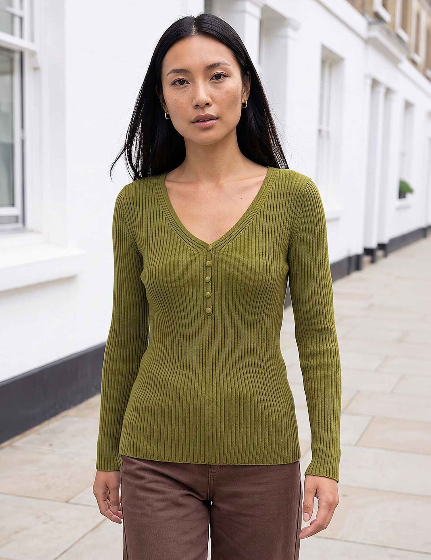 Roman Ribbed Button Detail Knitted Top Olive