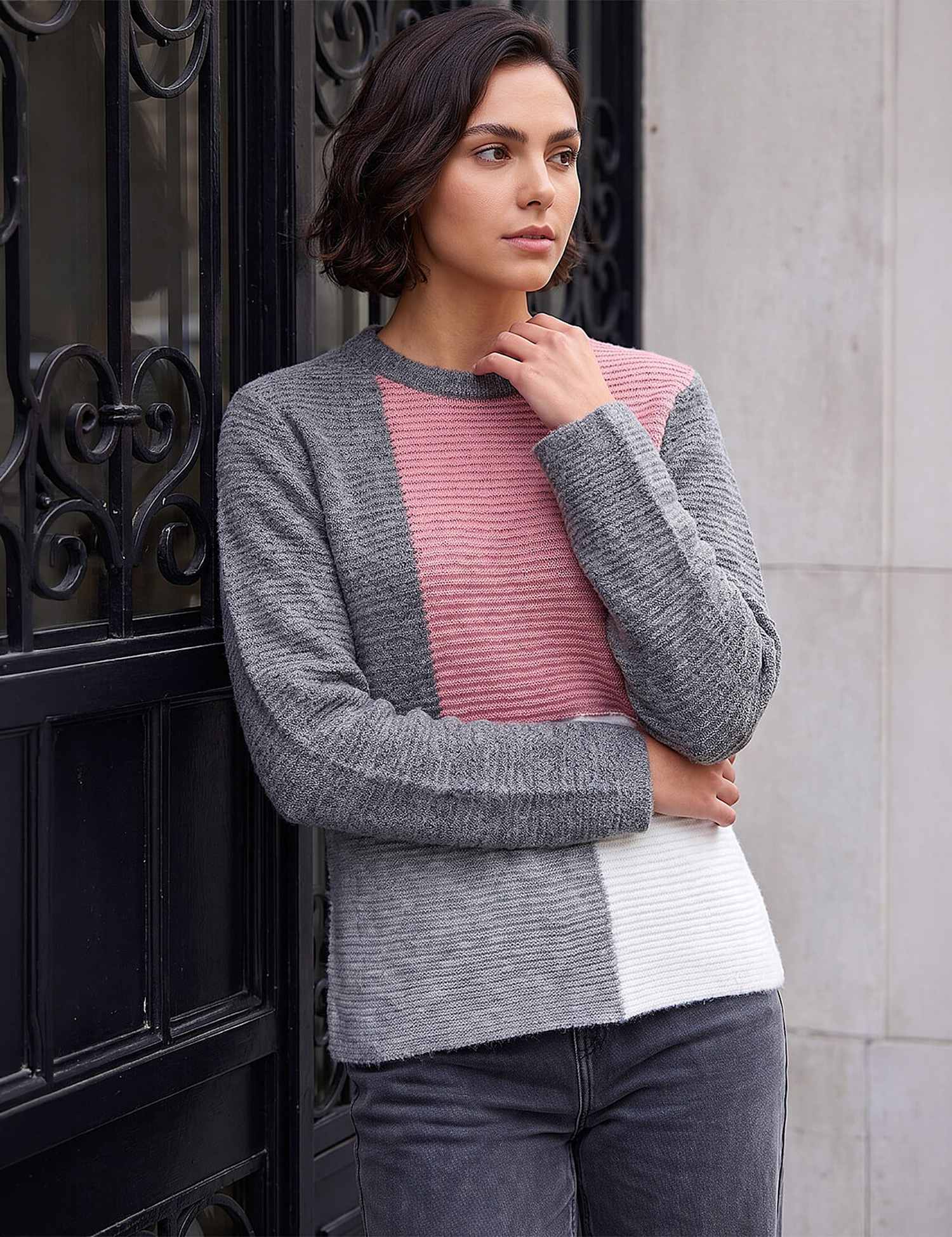 Roman Colour Block Scarf Detail Jumper Grey Mix