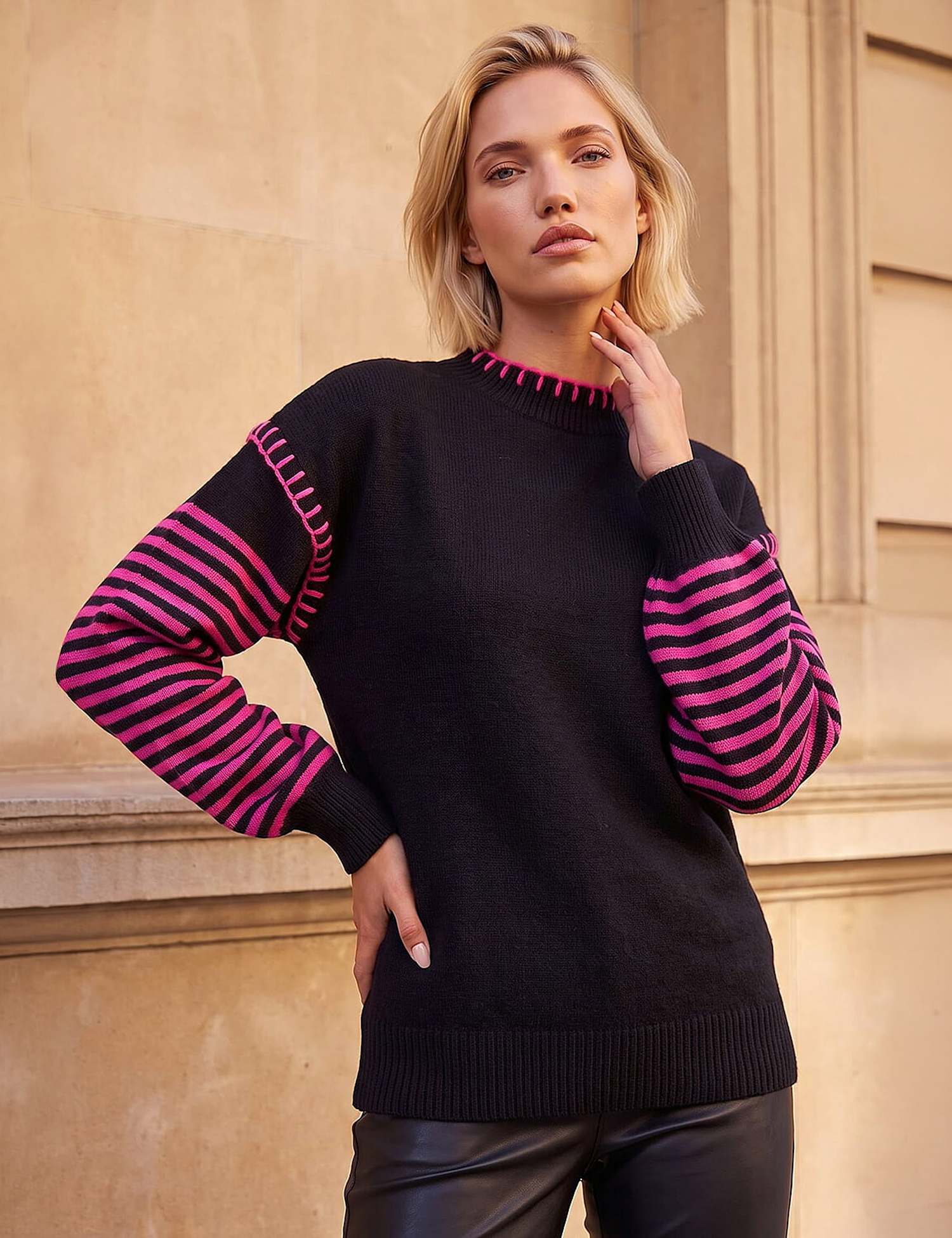 Roman Striped Stitch Detail Jumper Black Mix