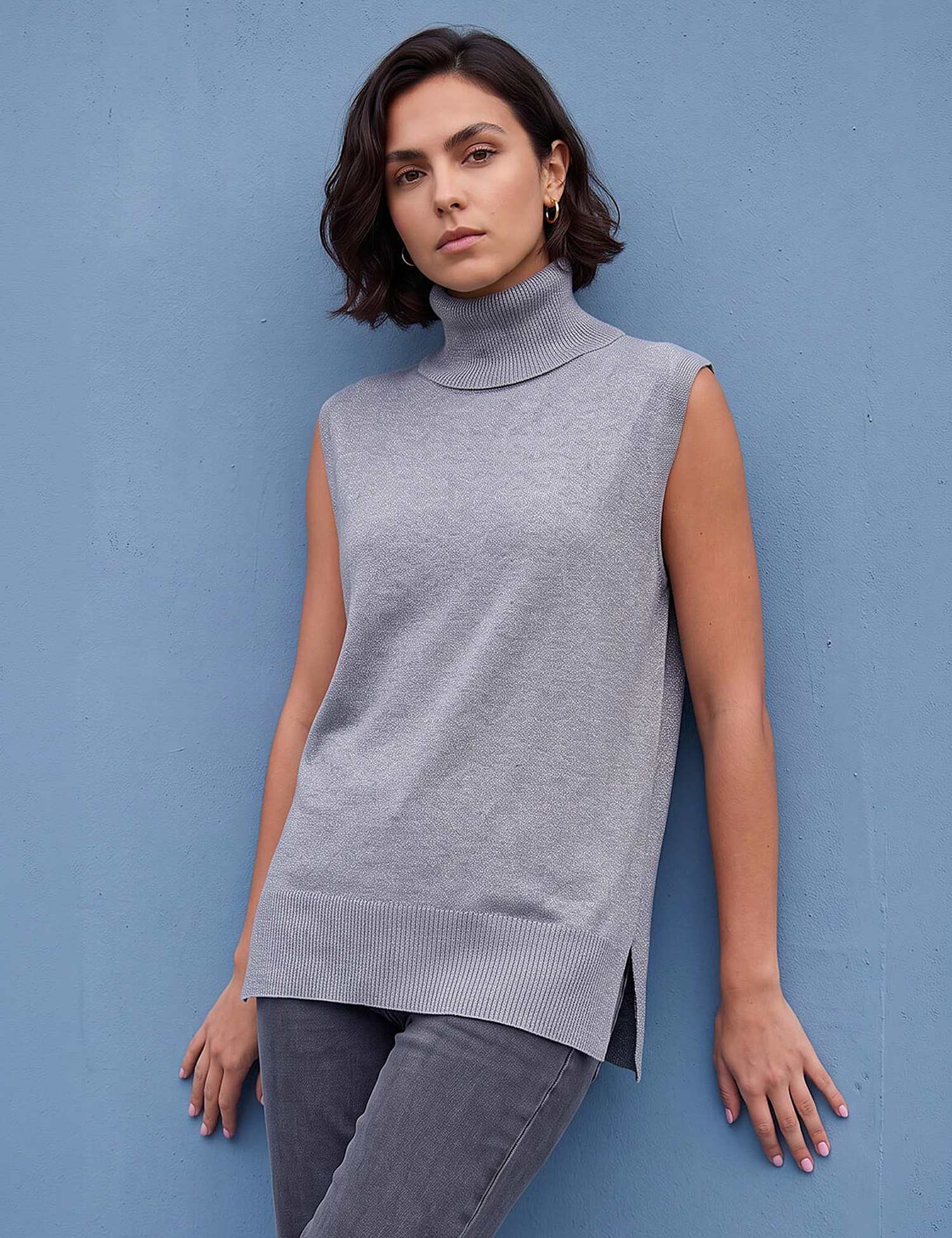 Roman Rayon Blend Metallic Roll Neck Jumper Grey Mix