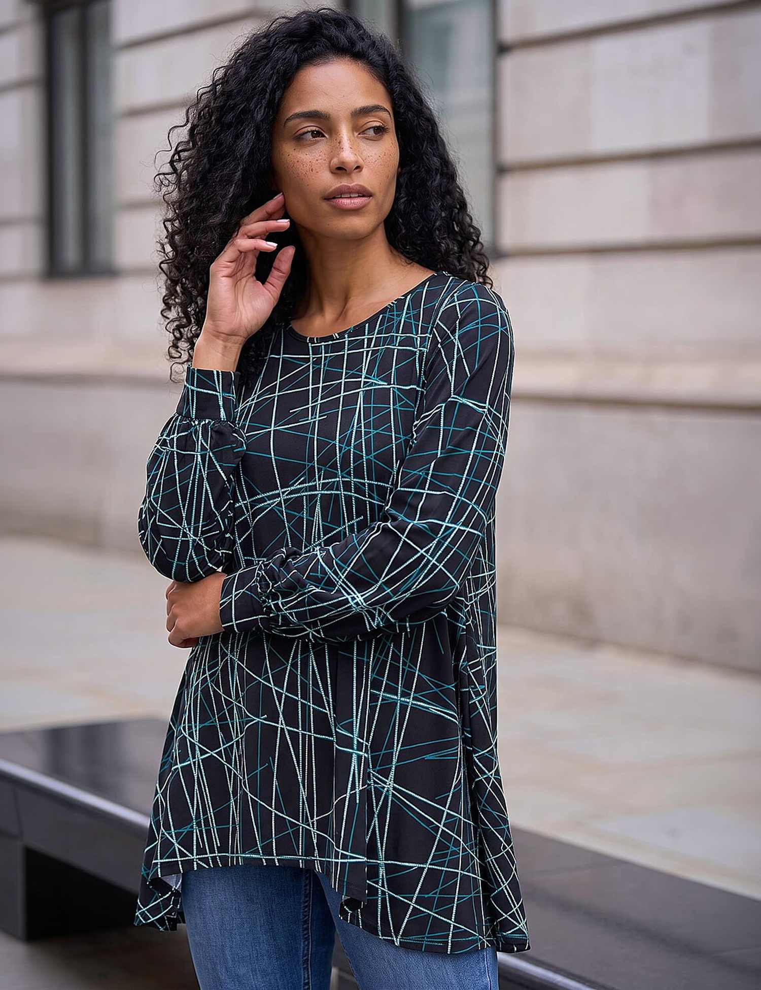 Roman Geometric Collared Top Teal Mix