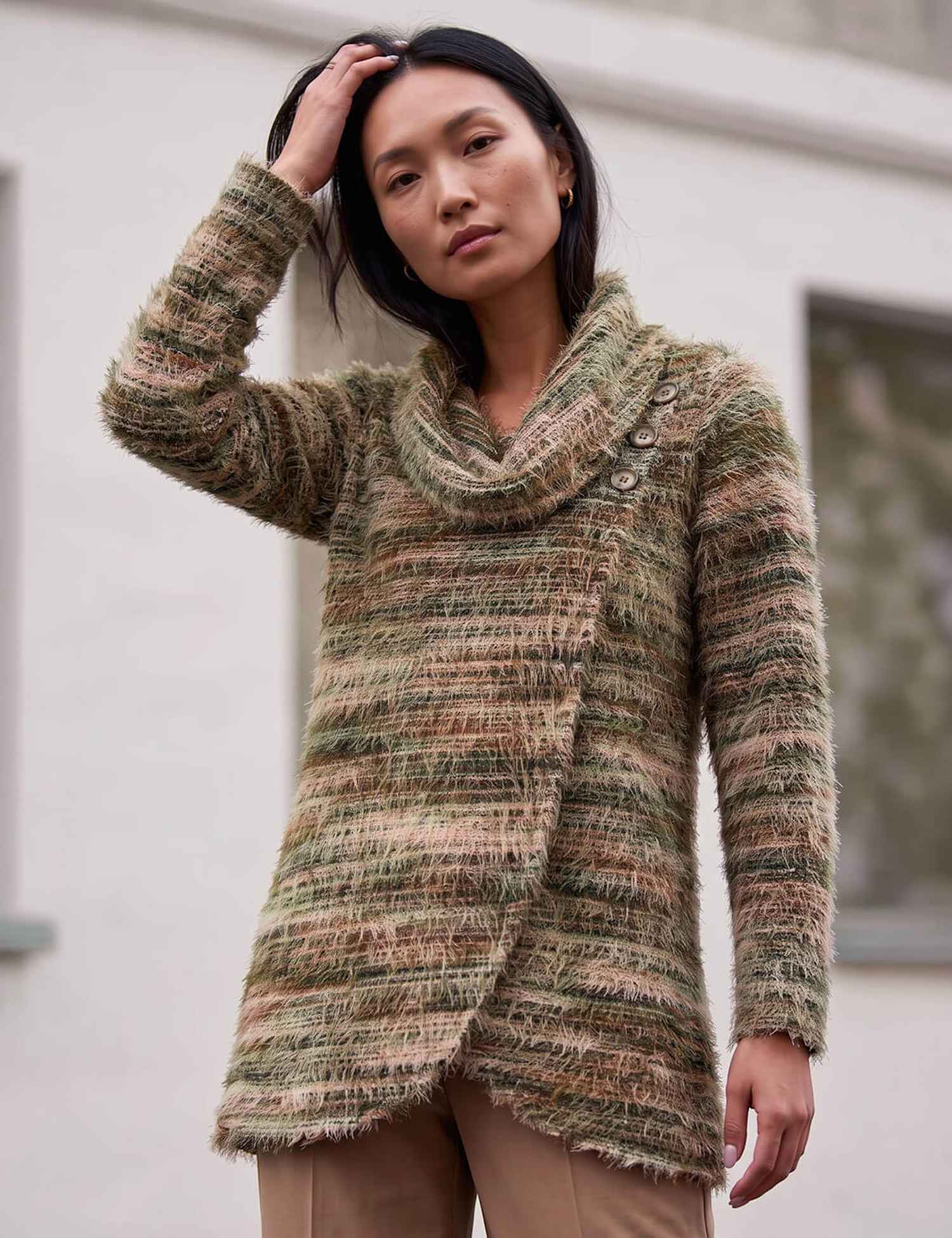 Roman Textured Collared Top Khaki Mix