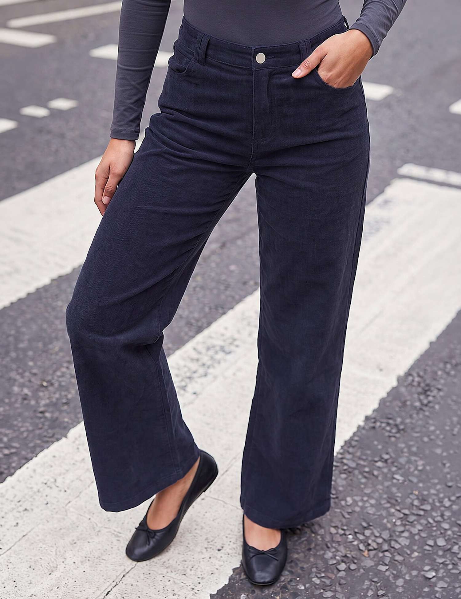 Roman Petite Cotton Rich Cord Wide Leg Trousers Grey Mix