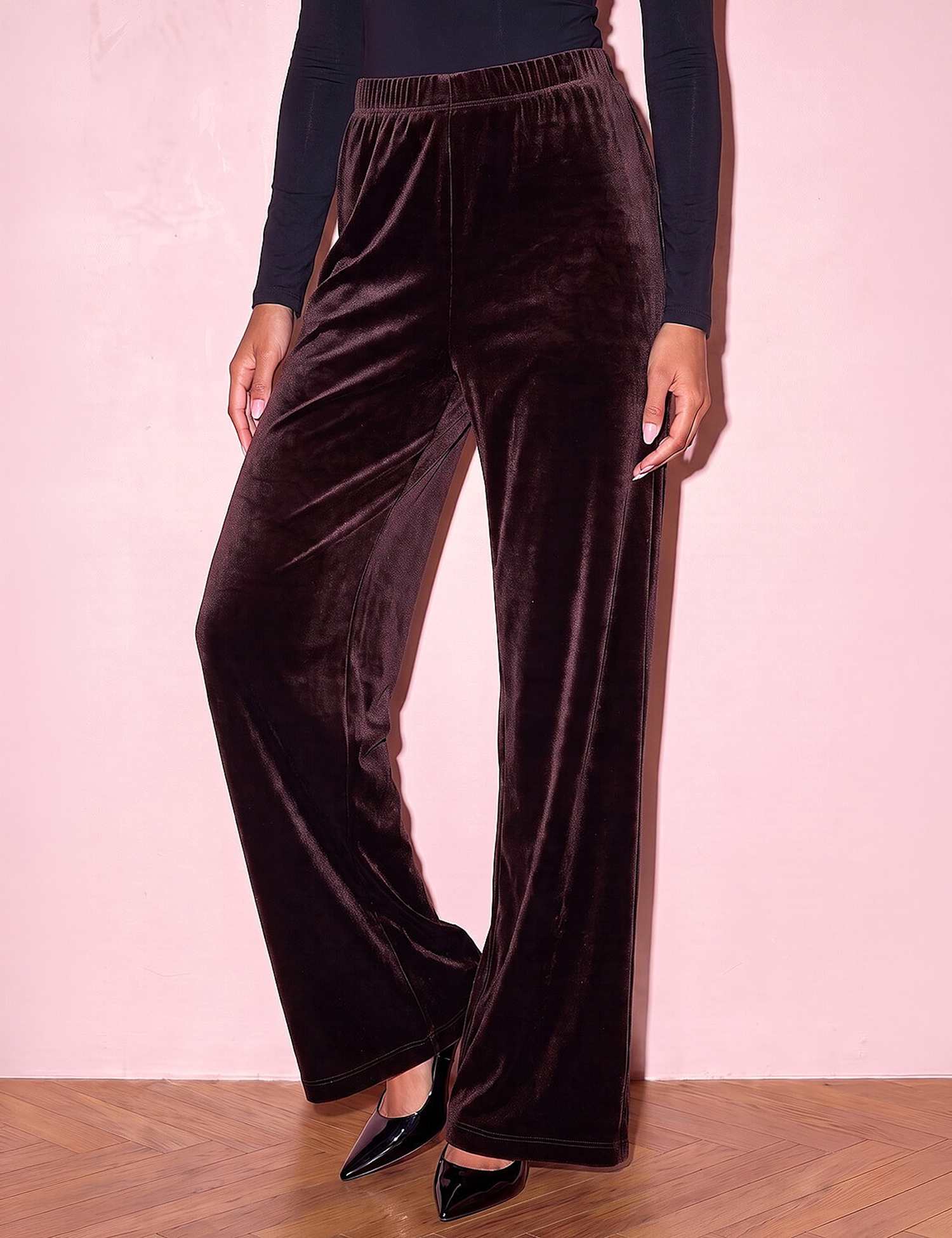 Roman Petite Wide Leg Velvet Trousers Chocolate