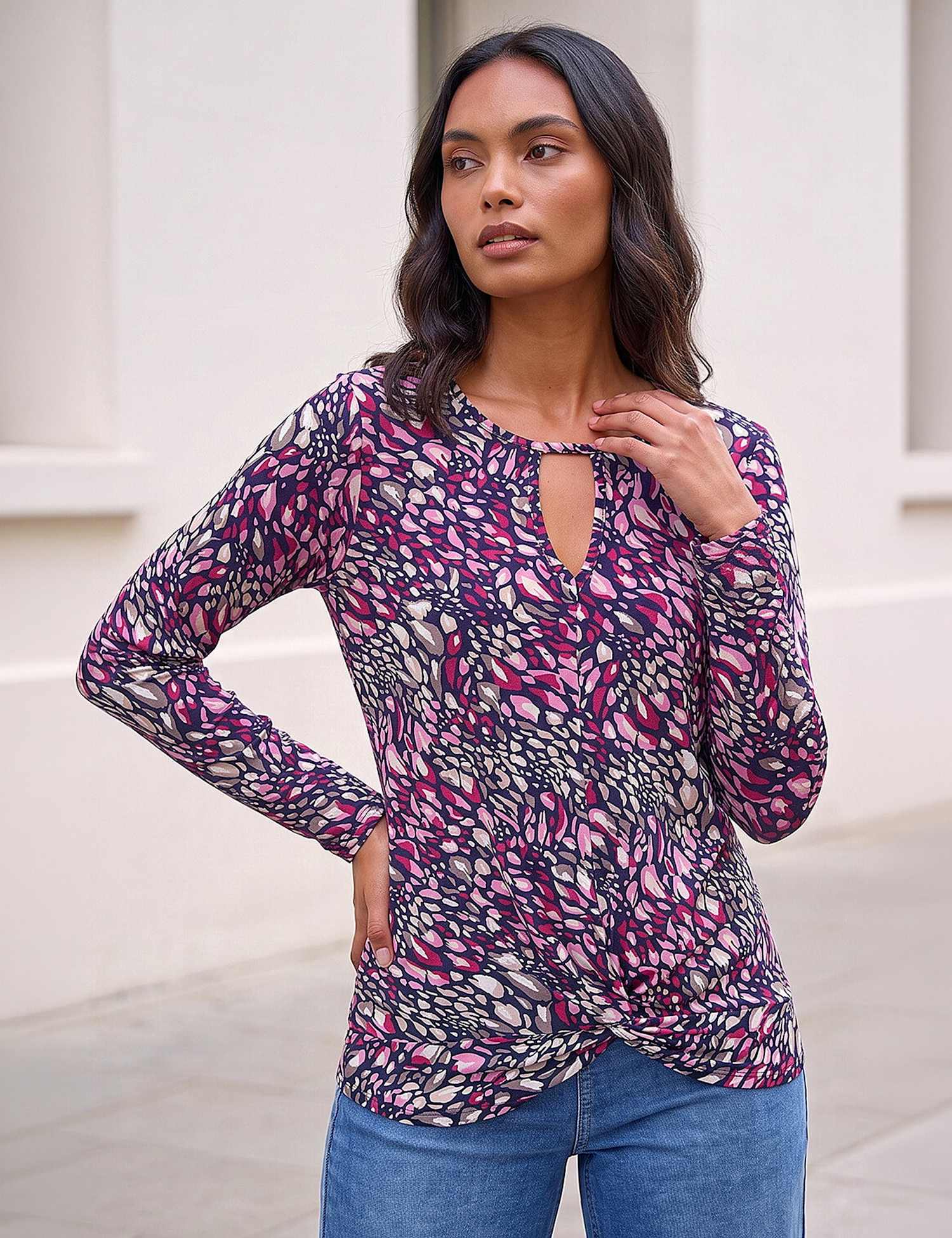 Roman Abstract Print Twist Hem Top Pink Mix