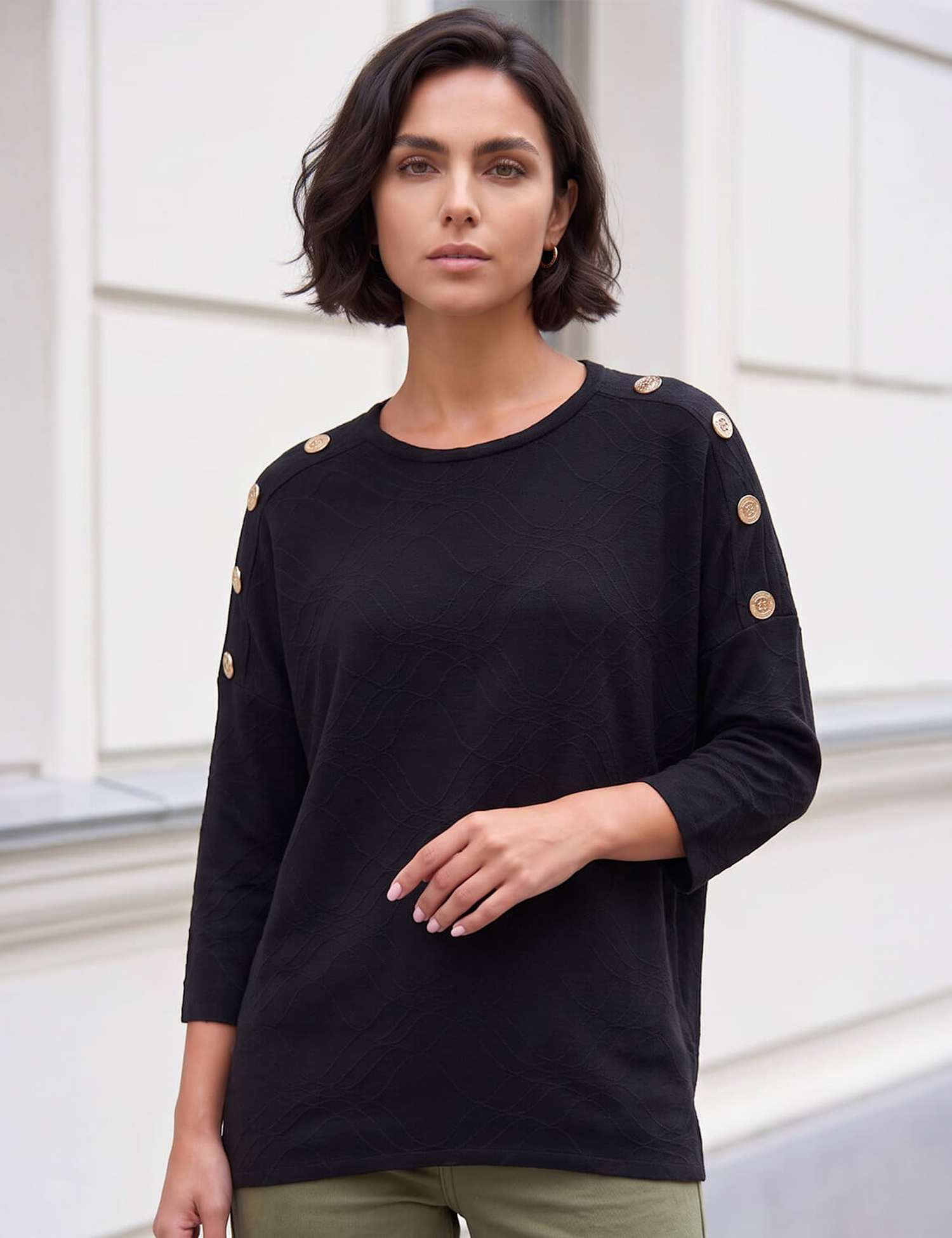 Roman Button Detail Top Black Mix