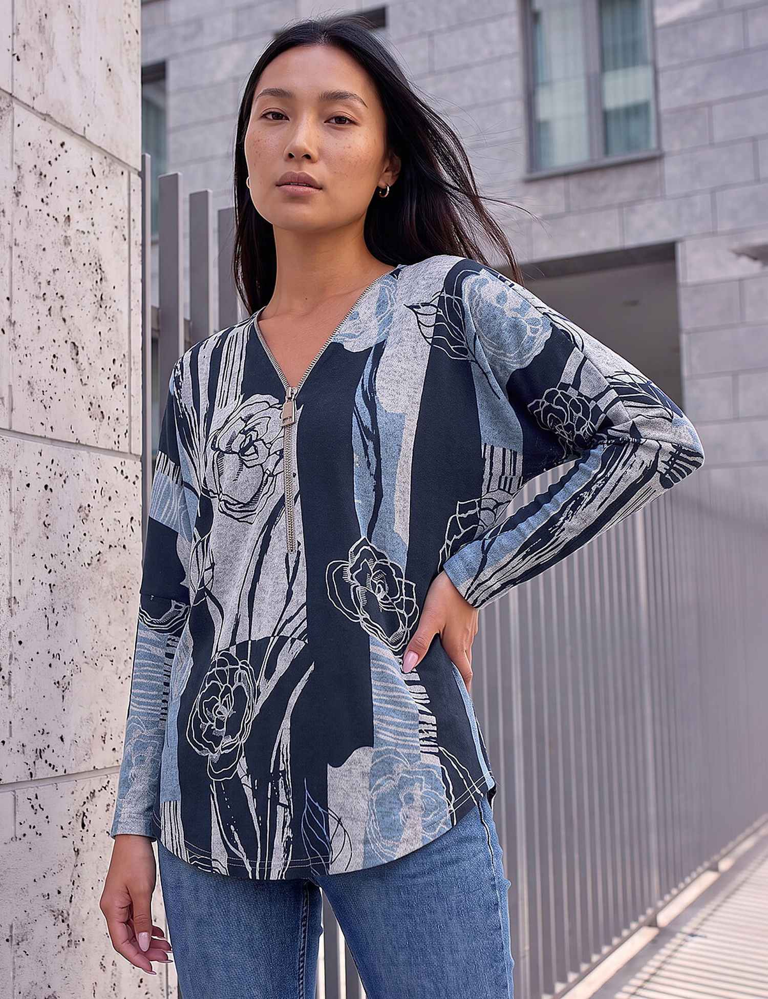 Roman Floral Regular Fit Zip Up Top Blue