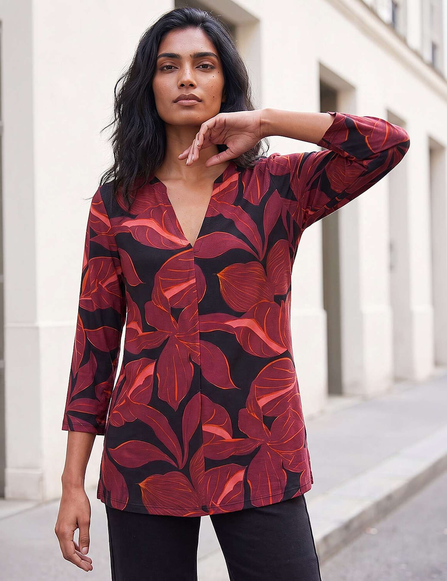 Roman Floral V Neck Stretch Top Red Mix