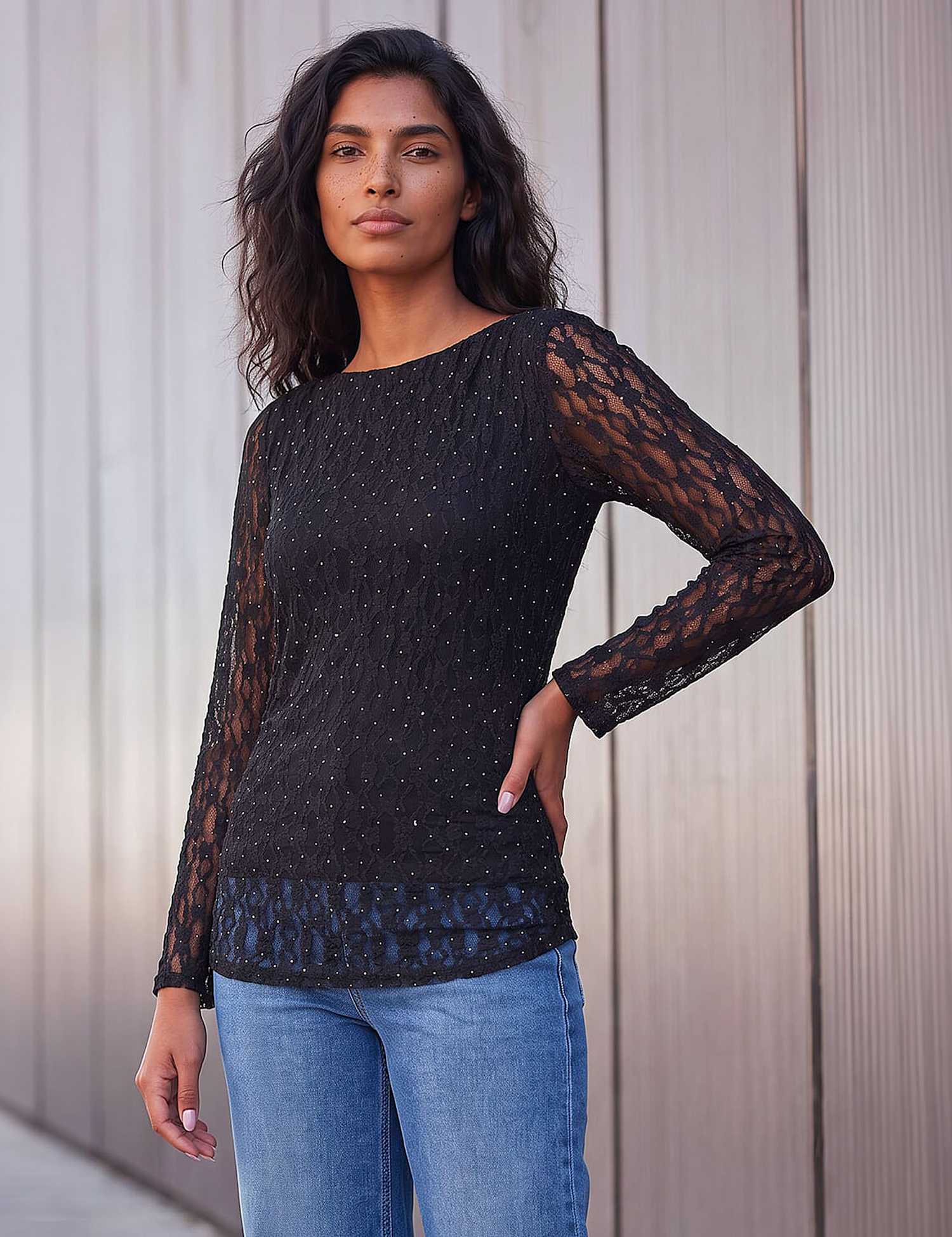 Roman Lace Ruched Top Black Mix