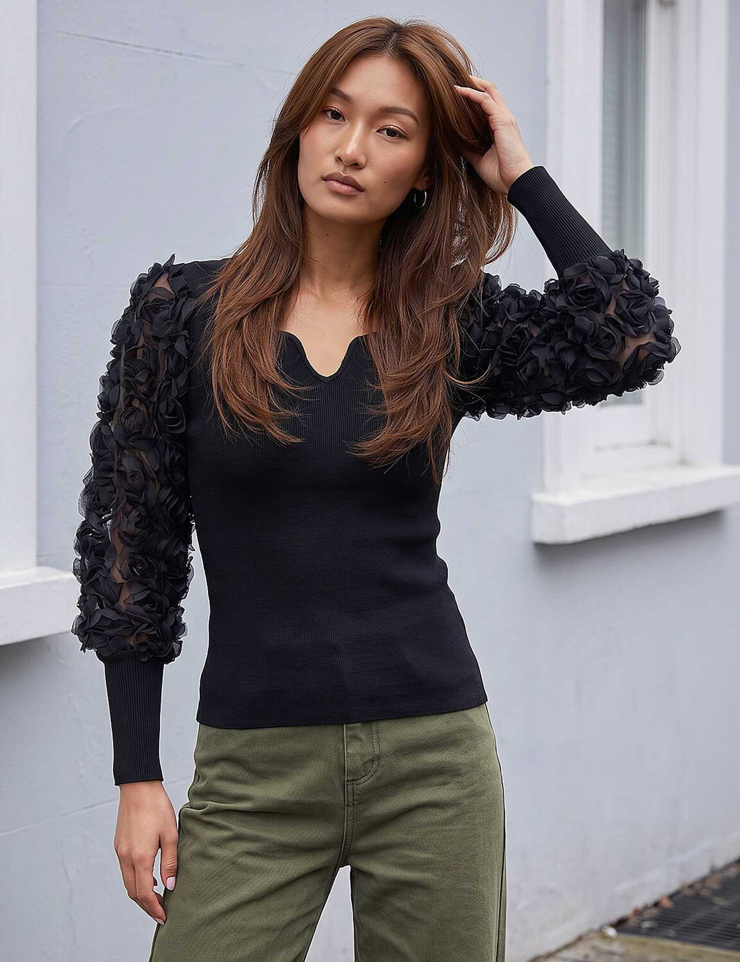 Roman Lace Sleeve V Neck Knitted Top Black Mix