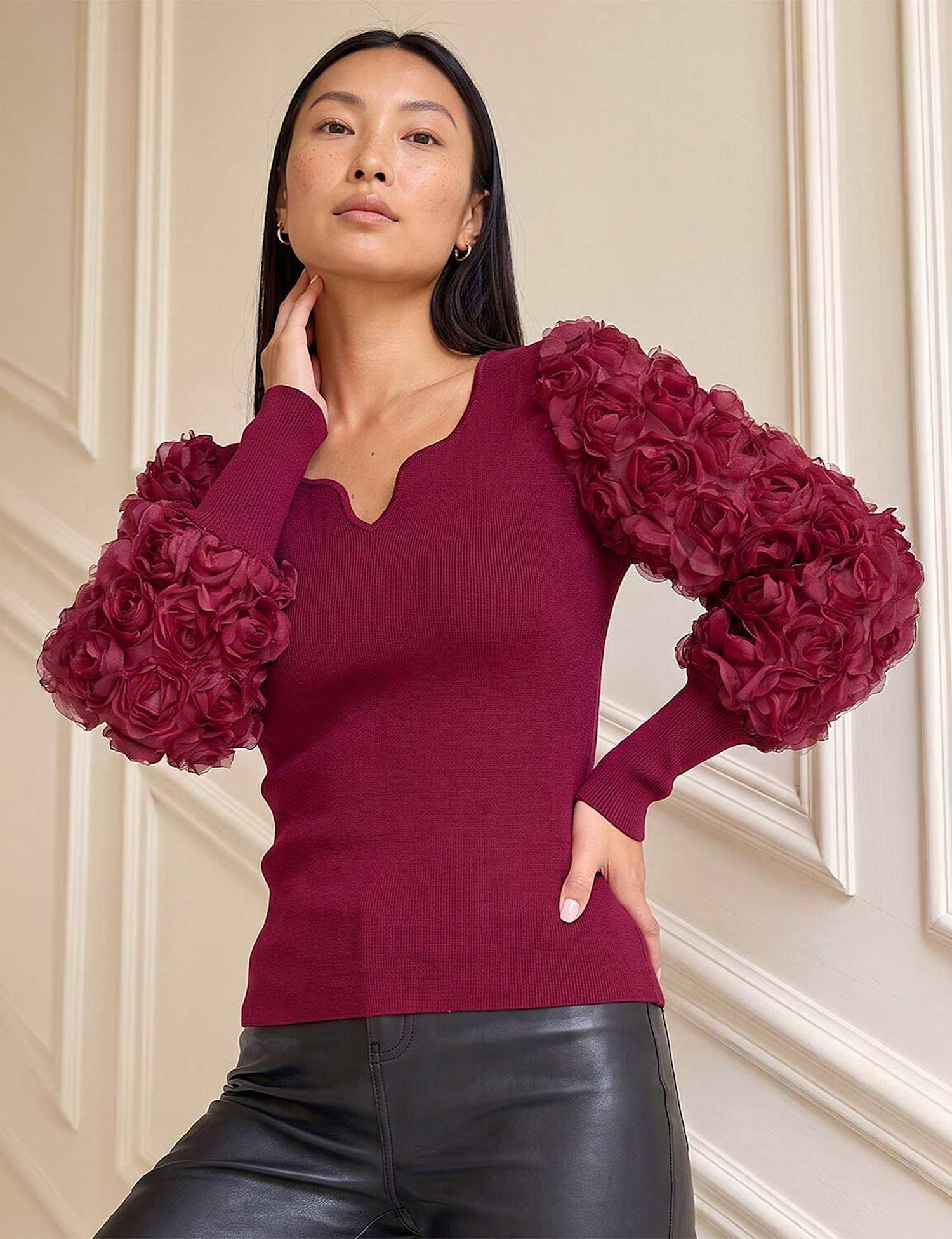 Roman Lace Sleeve V Neck Knitted Top Burgundy Mix
